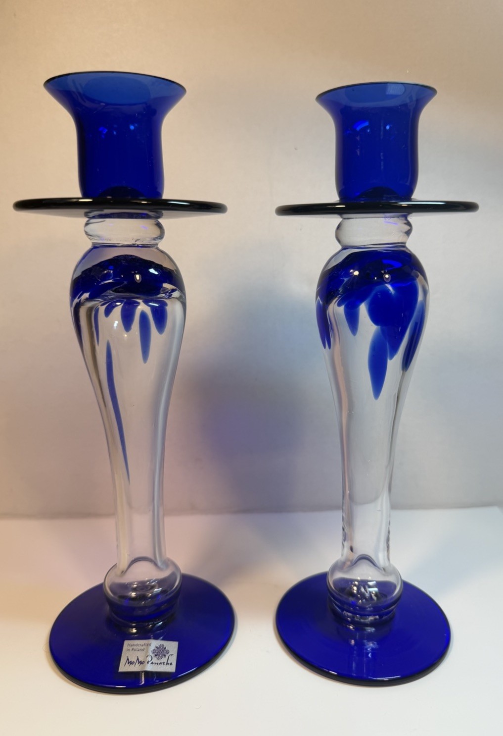 MoMo Panache Poland Art Glass Candle Holders Pair Cobalt Blue 10” With Tag
