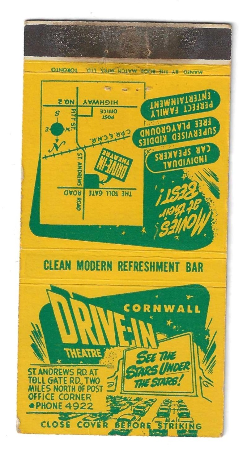 VINTAGE CORNWALL DRIVE IN MOVIE THEATRE MATCHBOOK COVER CANADA