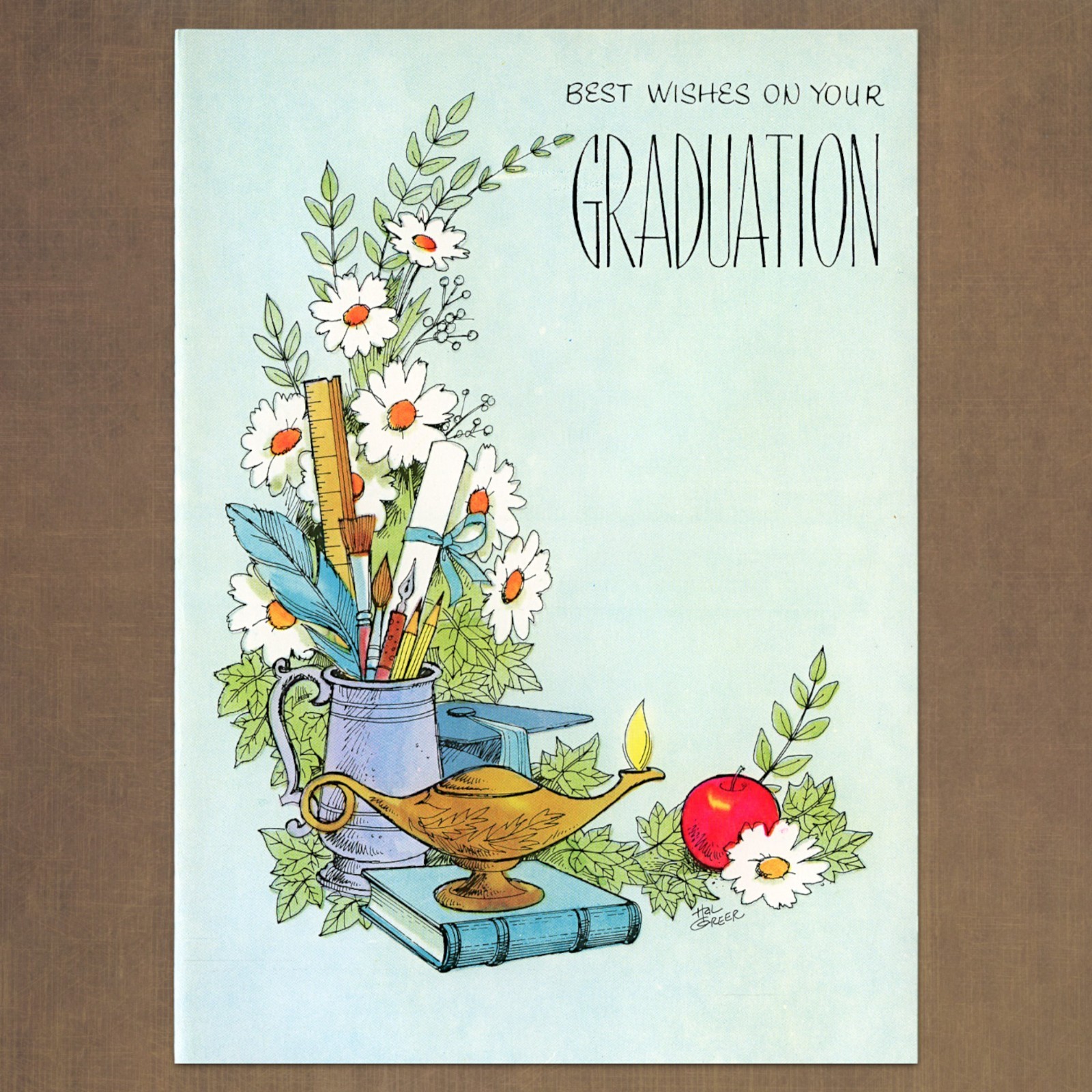 Unused Vintage HAL GREER Card Masters Graduation Card, Flowers Book Lamp Apple
