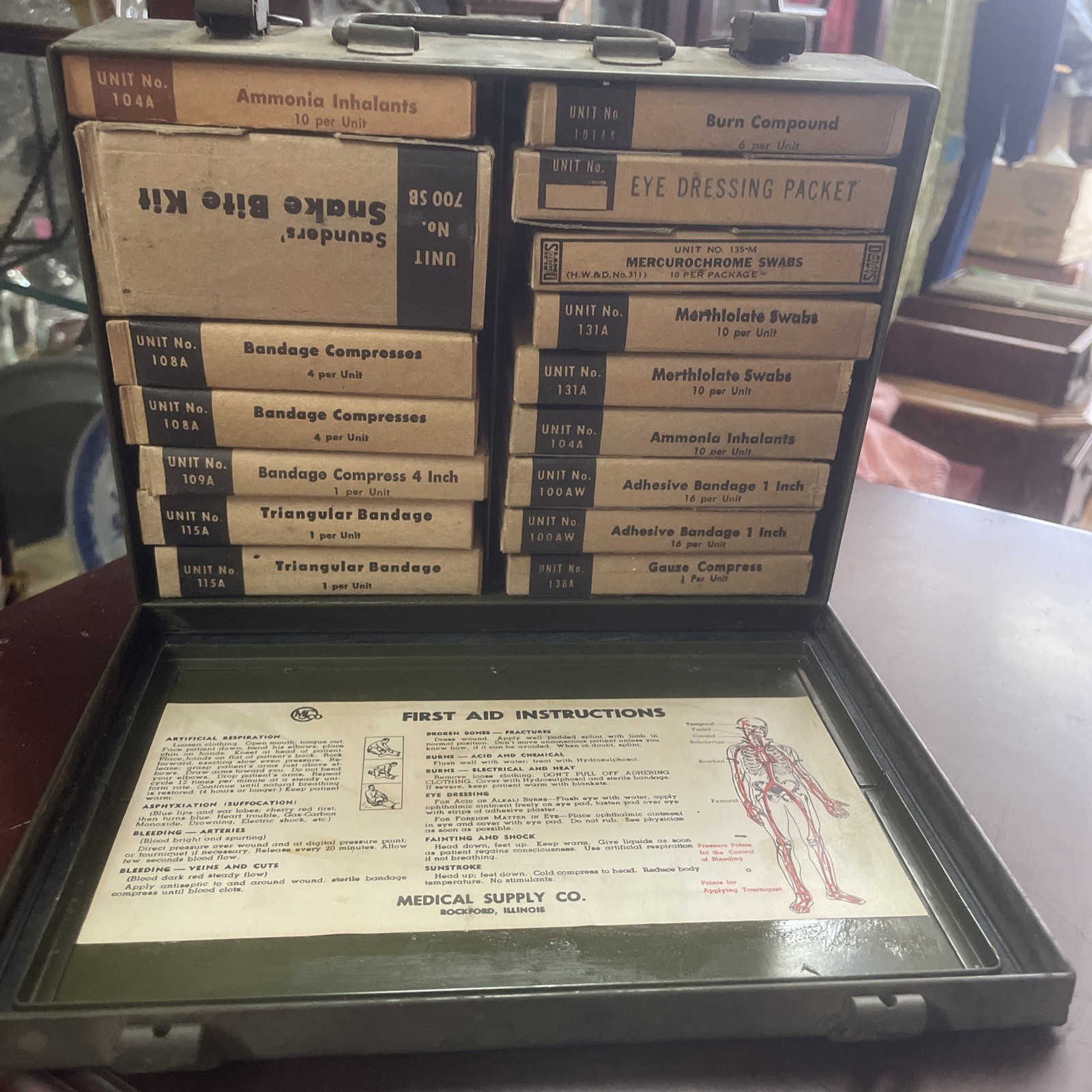 1940s MSCO Army Green First Aid Kit W/contents 