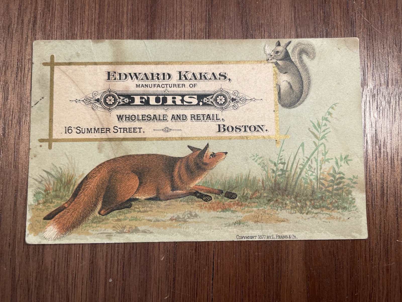 Antique 1877 Victorian Trade Card Fox Squirrel Edward Kakas Furs L Prang