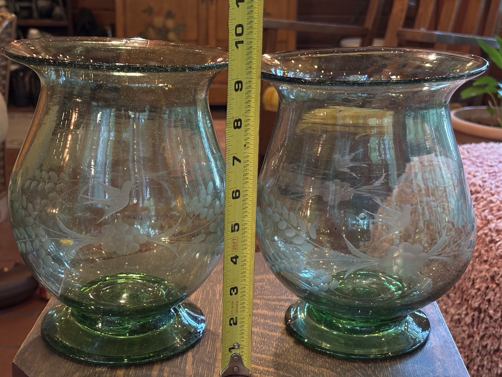 Pair VTG Handblown Green Hurricane Vases Etched Bird Floral Rough Pontil 8.5”