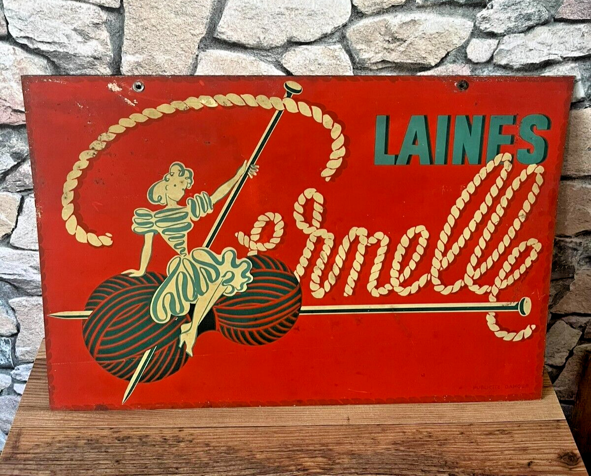 superb vintage PEARNEL WOOL Painted Sheet Metal Double Sided Advertising Plate