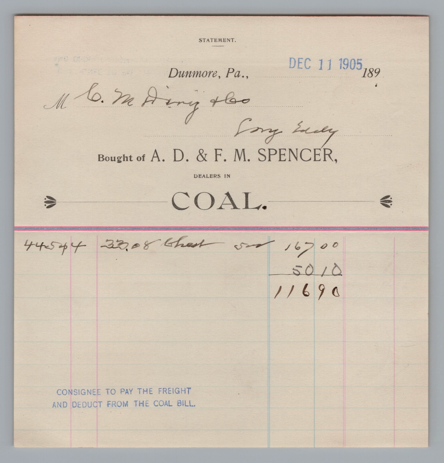 1905 billhead A. D. & F. M. Spencer Dealers in COAL Dunmore, PA RARE 1905 billhead A. D. & F. M. Spencer Dealers in COAL Dunmore, PA RARE