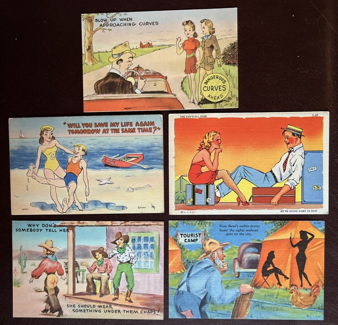 5 Vintage Risque Sexy Comic Humor Art Linen Postcard 1940\'s