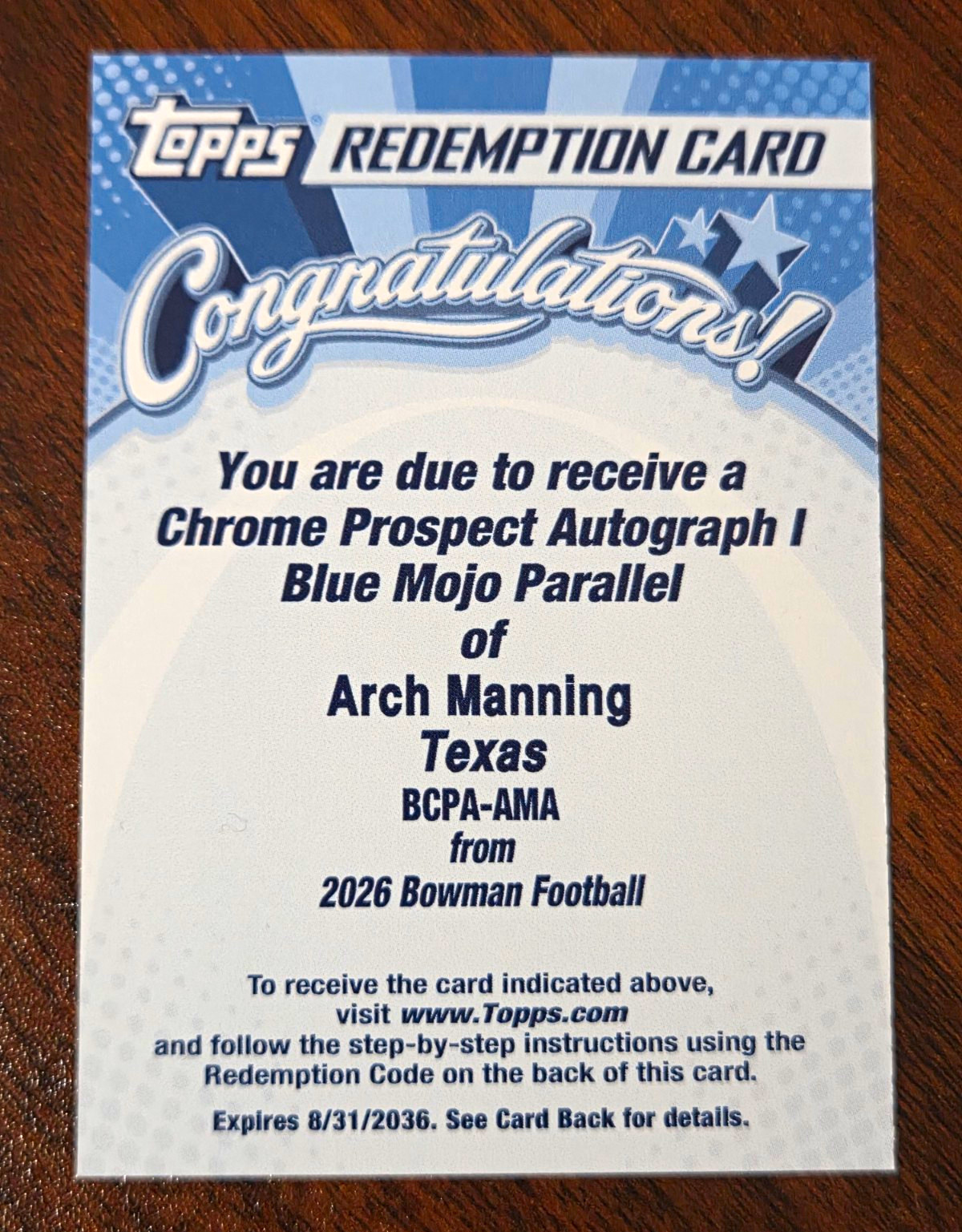 Topps 2026 Bowman Football Arch Manning Redemption Auto Blue Mojo BCPA-AMA