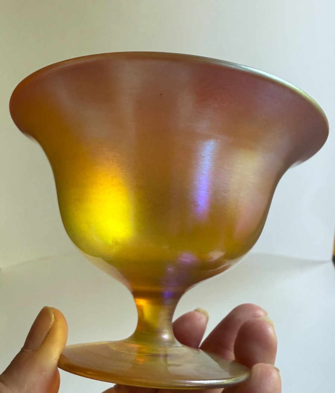Antique L.C.T. Tiffany Favrile Glass Sherbet /Compote Bowl Iridescent Peach-Gold