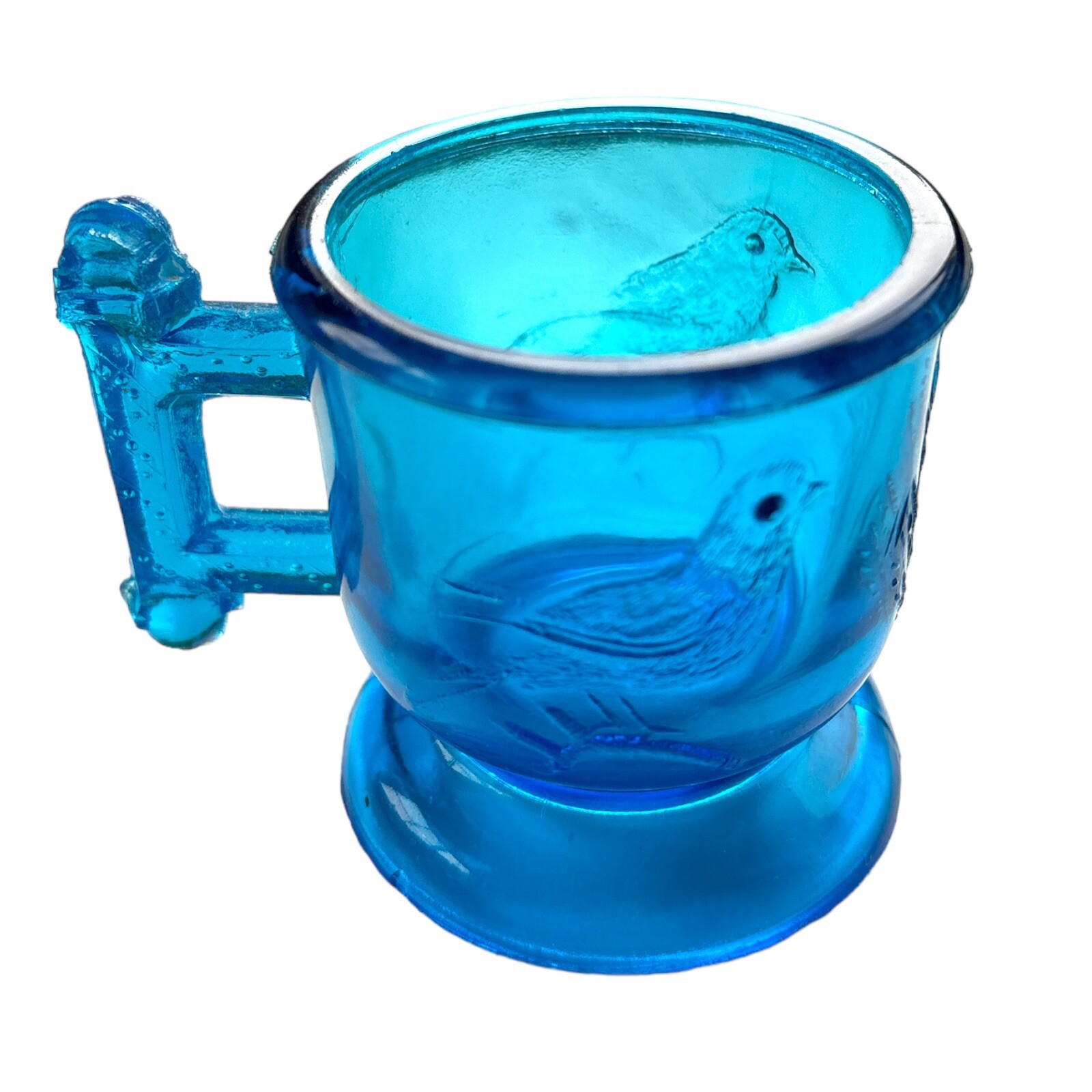 EAPG 1880's Atterbury Glass Co. Robin Eastlake Child's Mug Blue Bird & Wheat Vtg