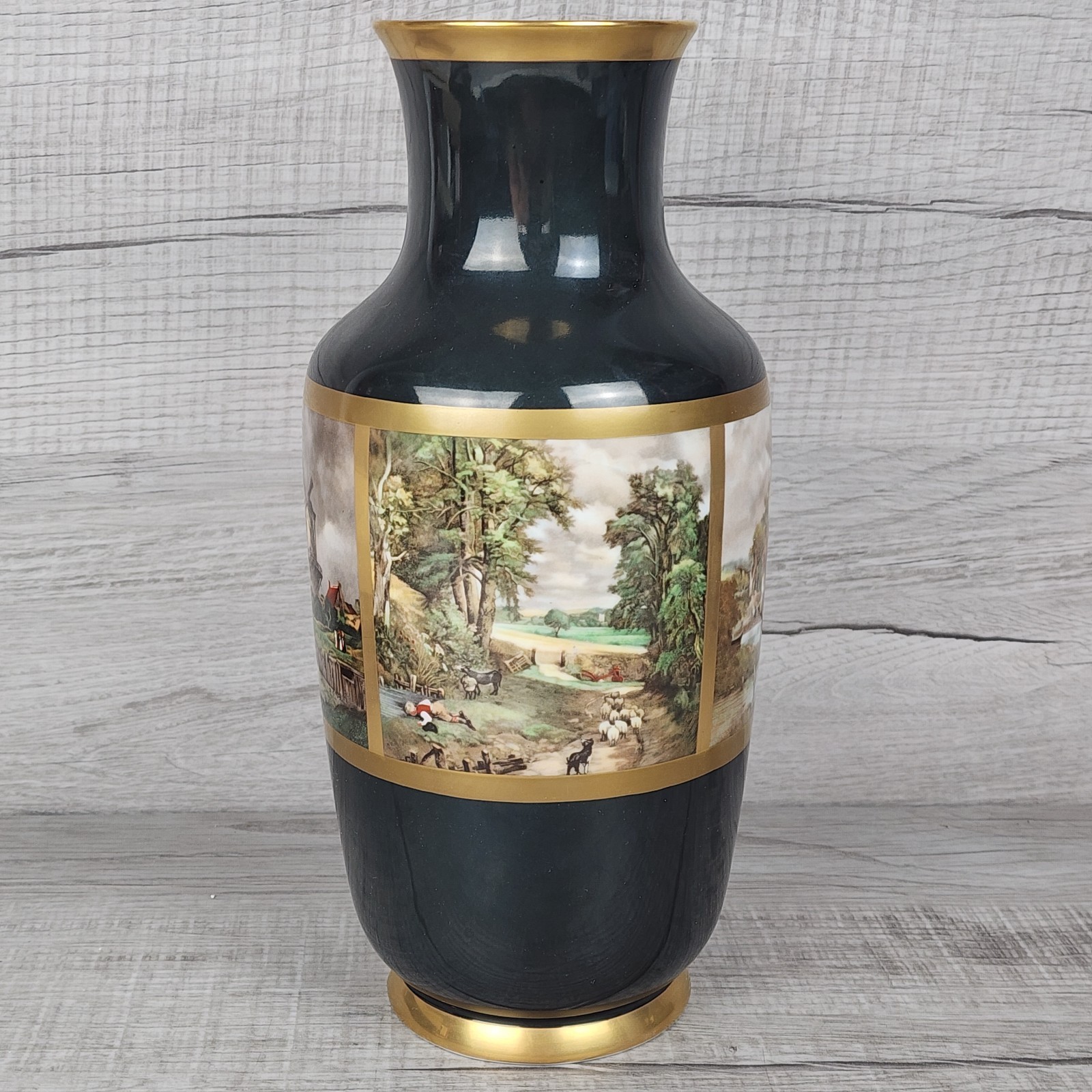 Gerold Porzellan Bavaria Black Gold Vase Country Landscape Scene Romantic 12-in