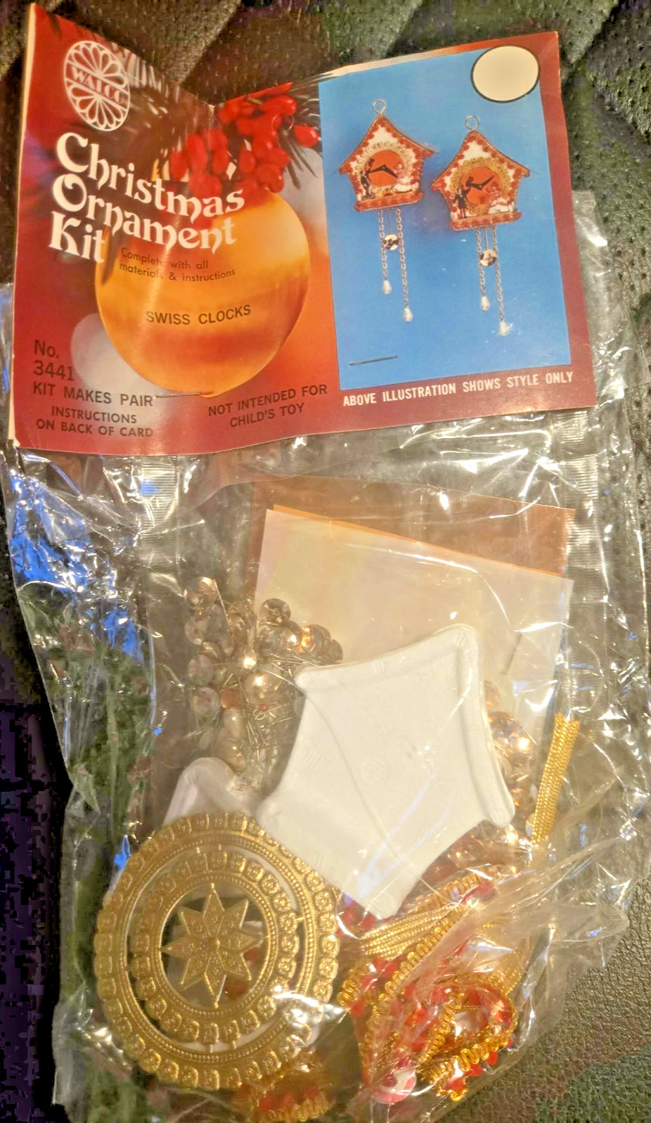 Walco Vintage Christmas Ornament Kit Swiss Clocks Sequins Ribbon 1976  NEW NOS