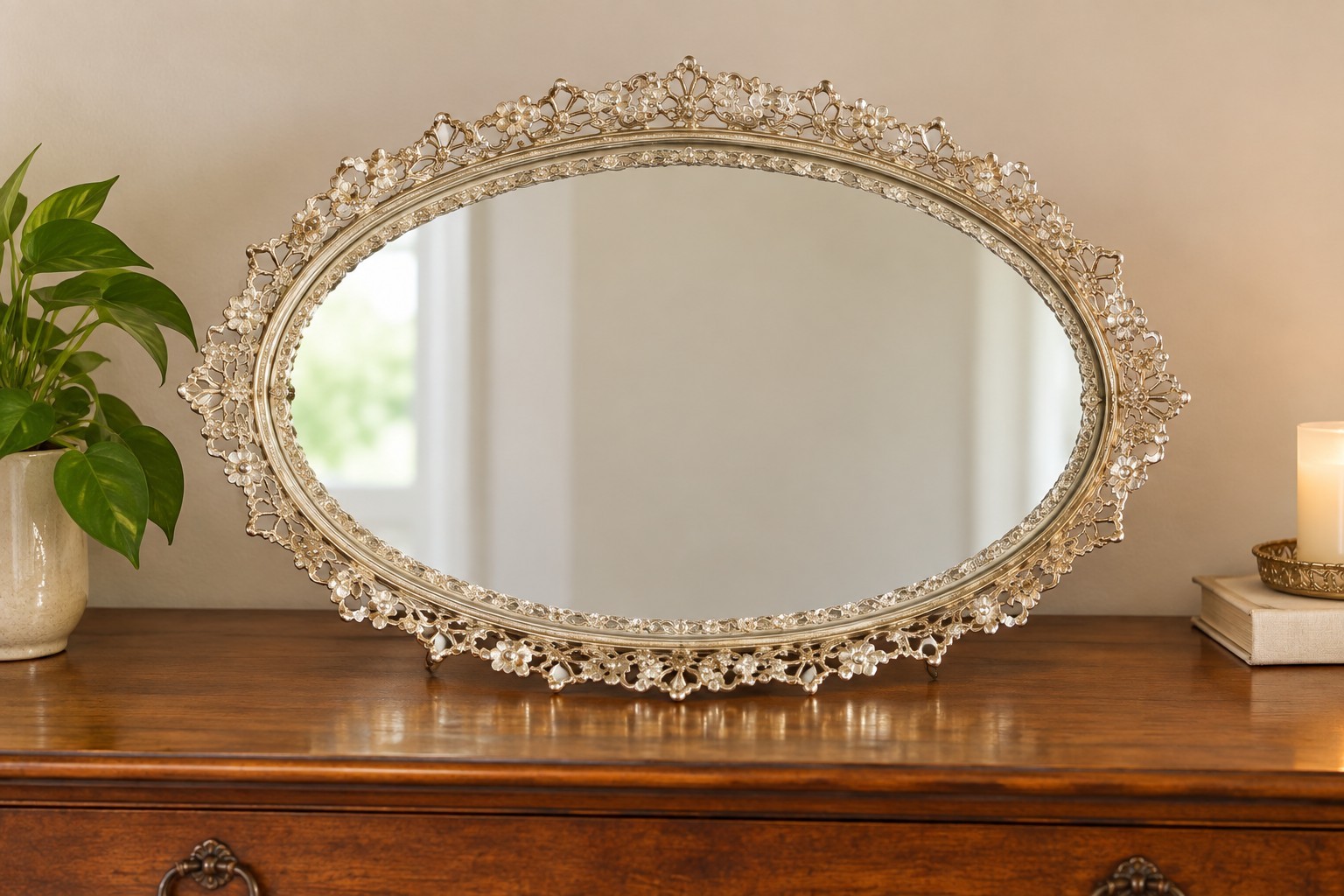 Vtg MCM Oval Mirror Tray Perfume Vanity Dresser Gold Filigree 13x9
