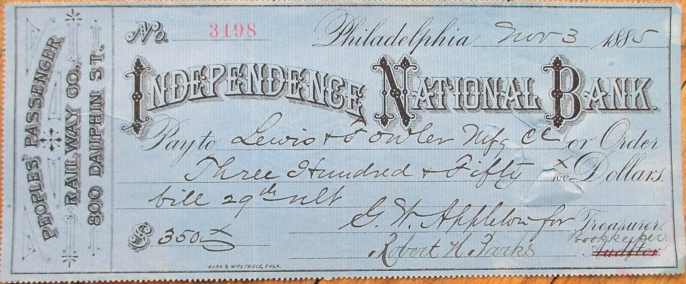 Philadelphia, PA 1885 Trolley Check, Independence National Bank, Peoples Railway