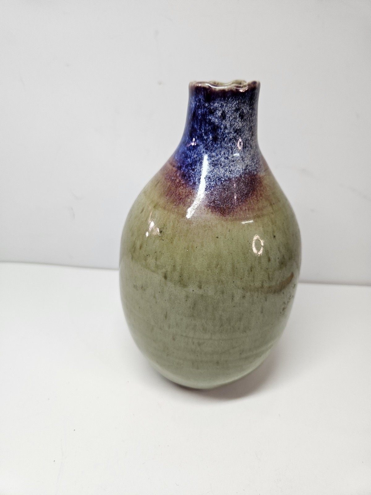 Signed Studio Art Pottery Vase Green Blue Purple Drip Glaze Organic Rim 6.5\