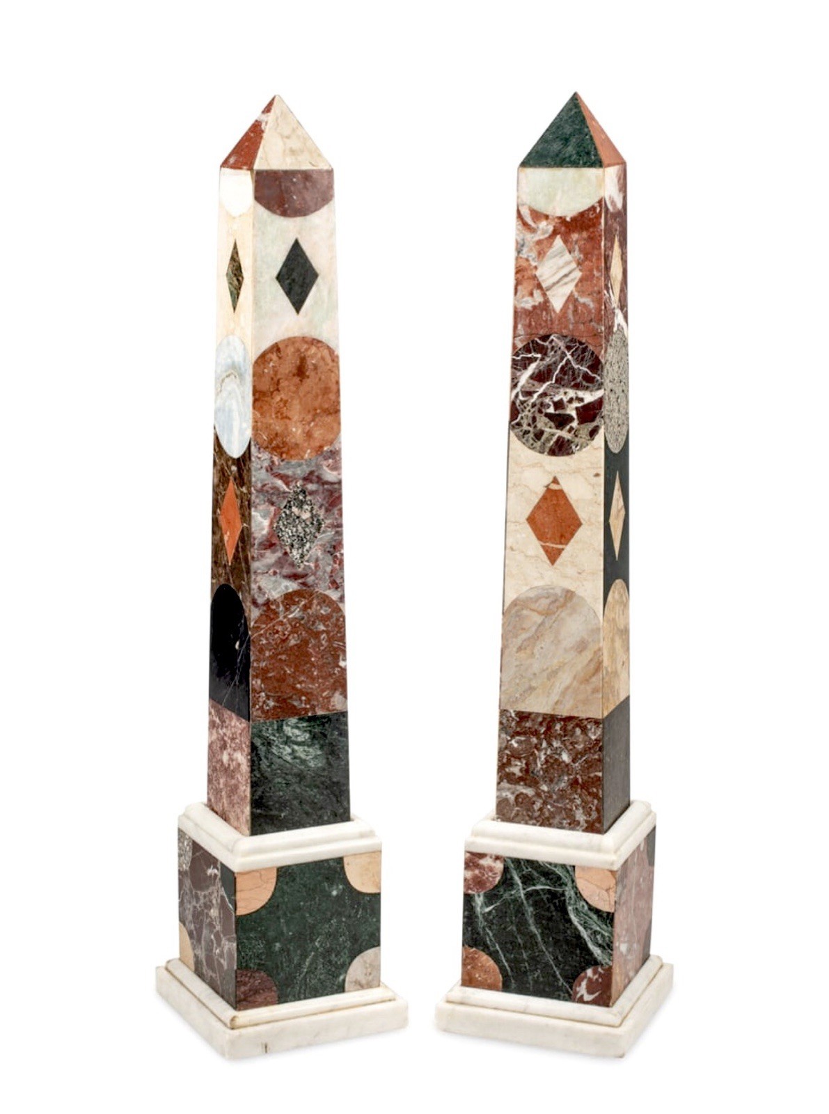 Pair MONUMENTAL GRAND TOUR STYLE SPECIMEN MARBLE OBELISKS ITALIAN ROMAN EMPIRE