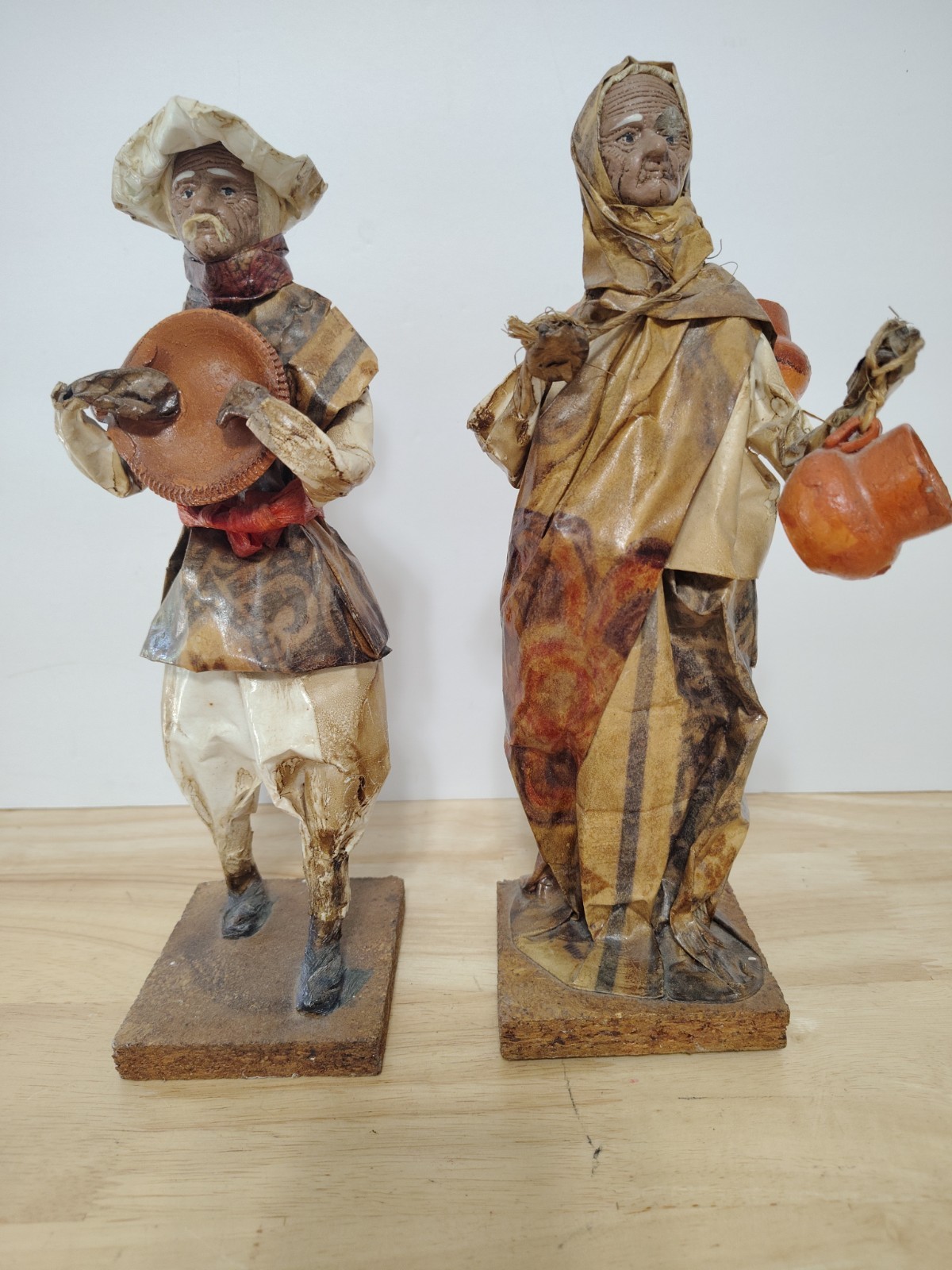 Vintage Mexican Paper Mache Folk Art  Figures Old Man & Old Woman On Wood Base 
