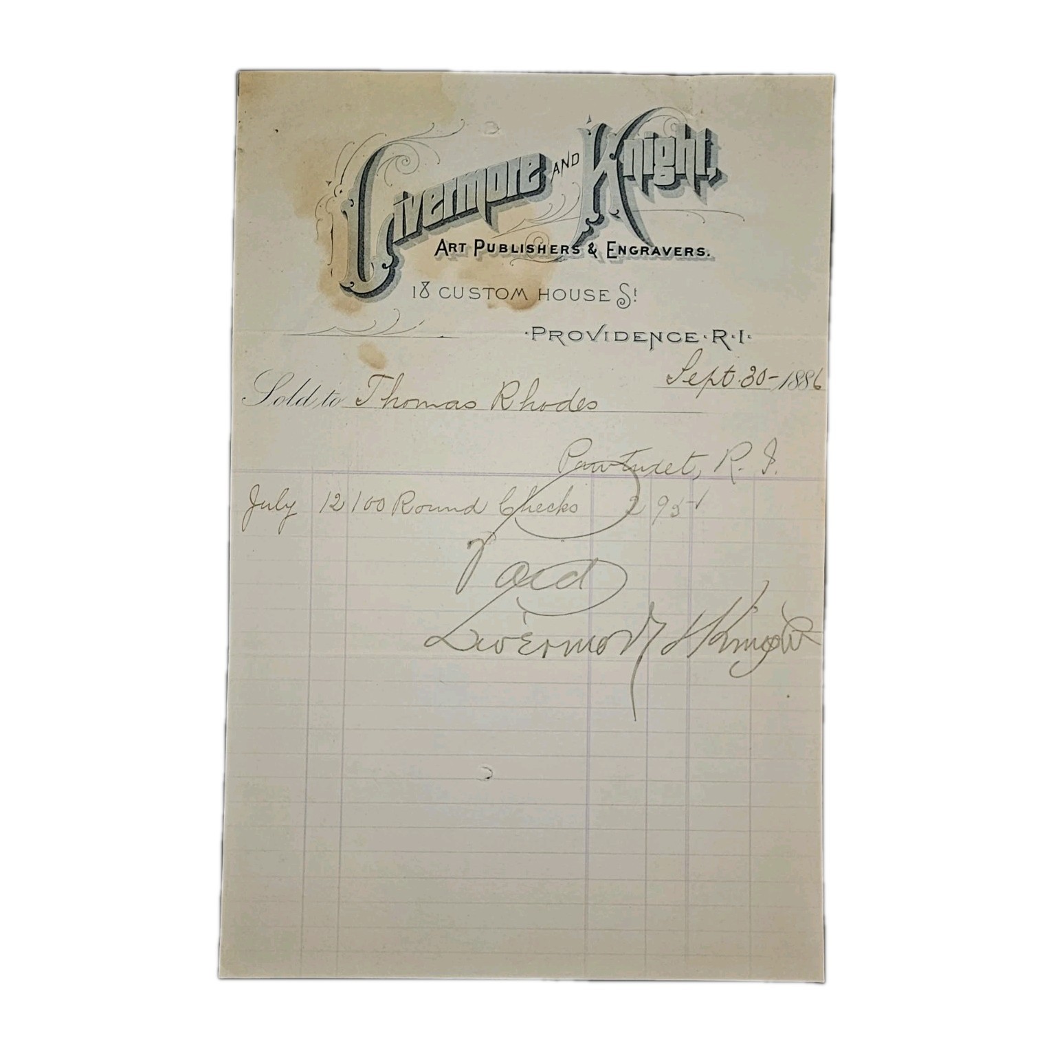 1886 Livermore & Knight Invoice to Pawtucket Merchant Thomas Rhodes, RI History