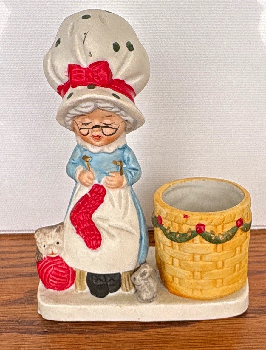 VTG Jasco Granny at Work Hand Painted Porcelain Figure Basket candle Holder 1978