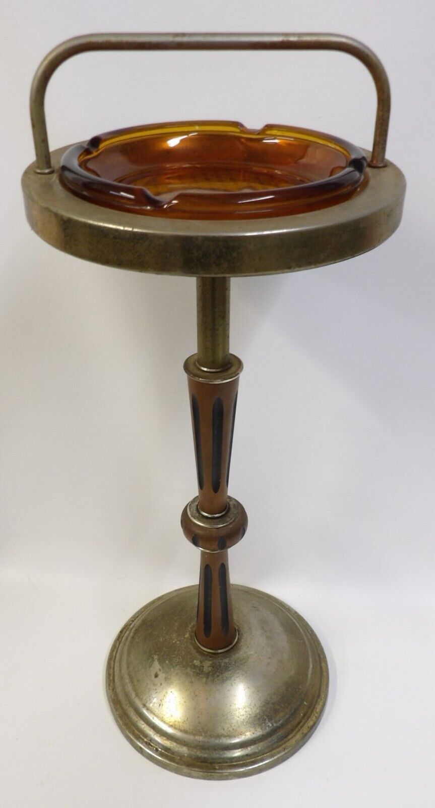 Vintage 60's/70's Metal Ashtray Smoking Stand with Amber Glass Insert
