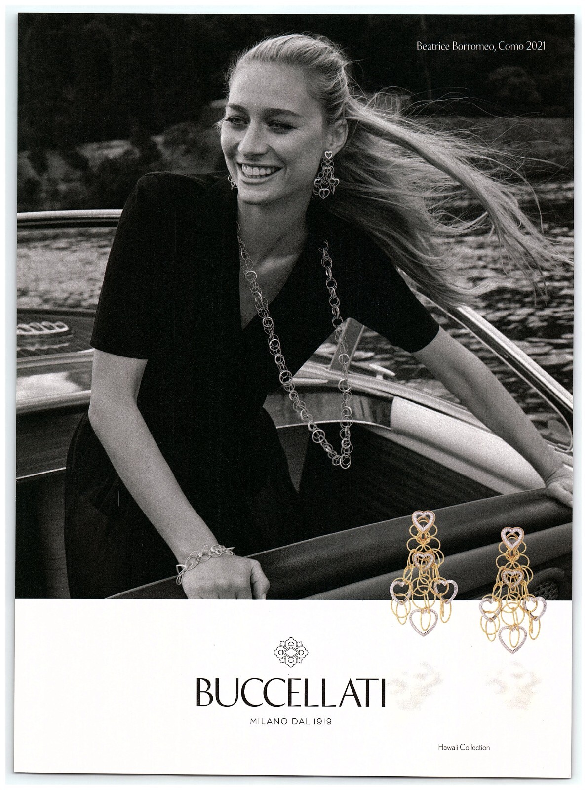 2022 PRINT AD, Buccellati Milano Beatrice Borromeo Hawaii Collection Boat Como