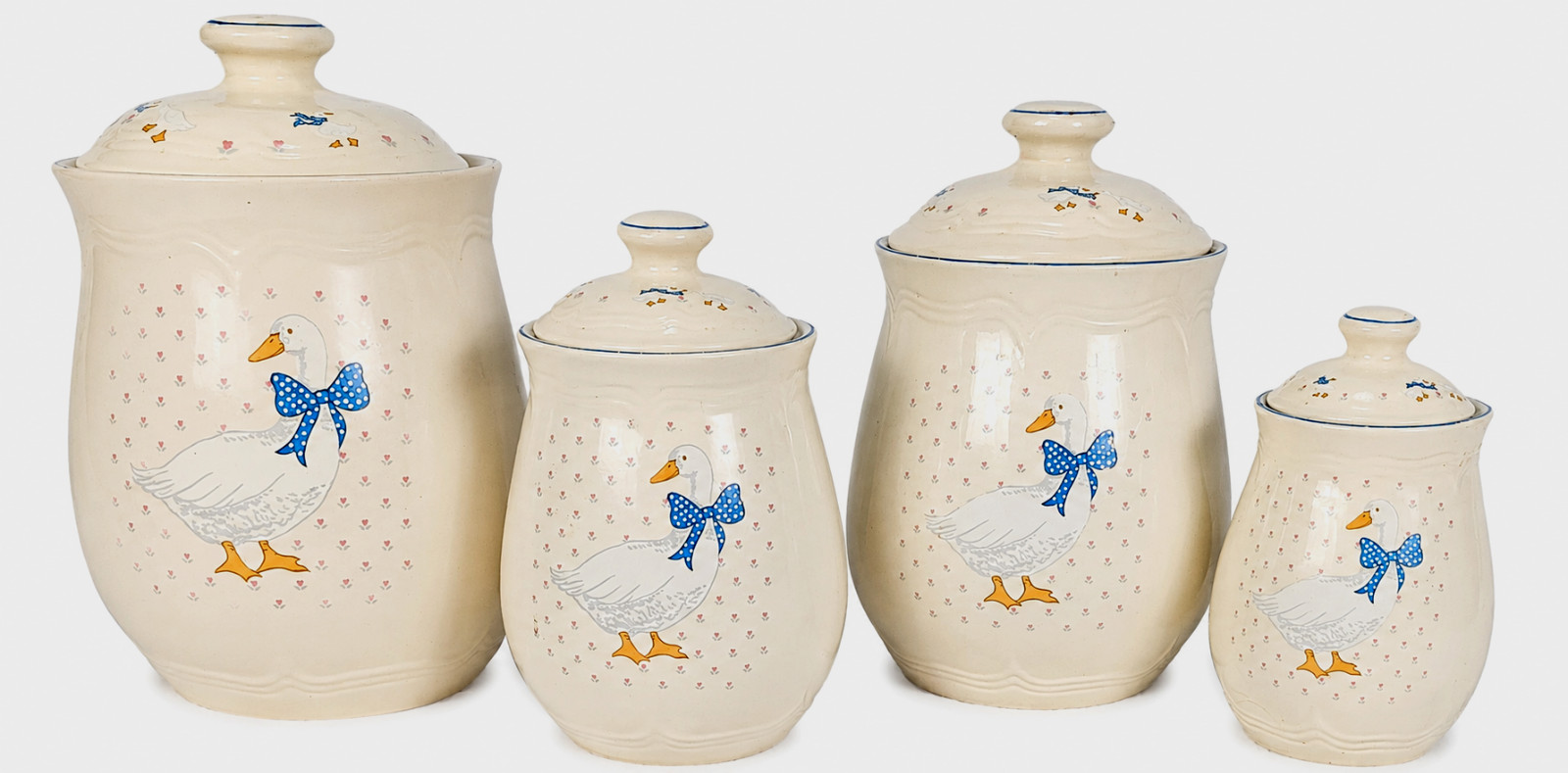 Vintage Tienshan Aunt Rhody Goose Canister Set 4 Pc Blue Bow Kitchen Ceramic