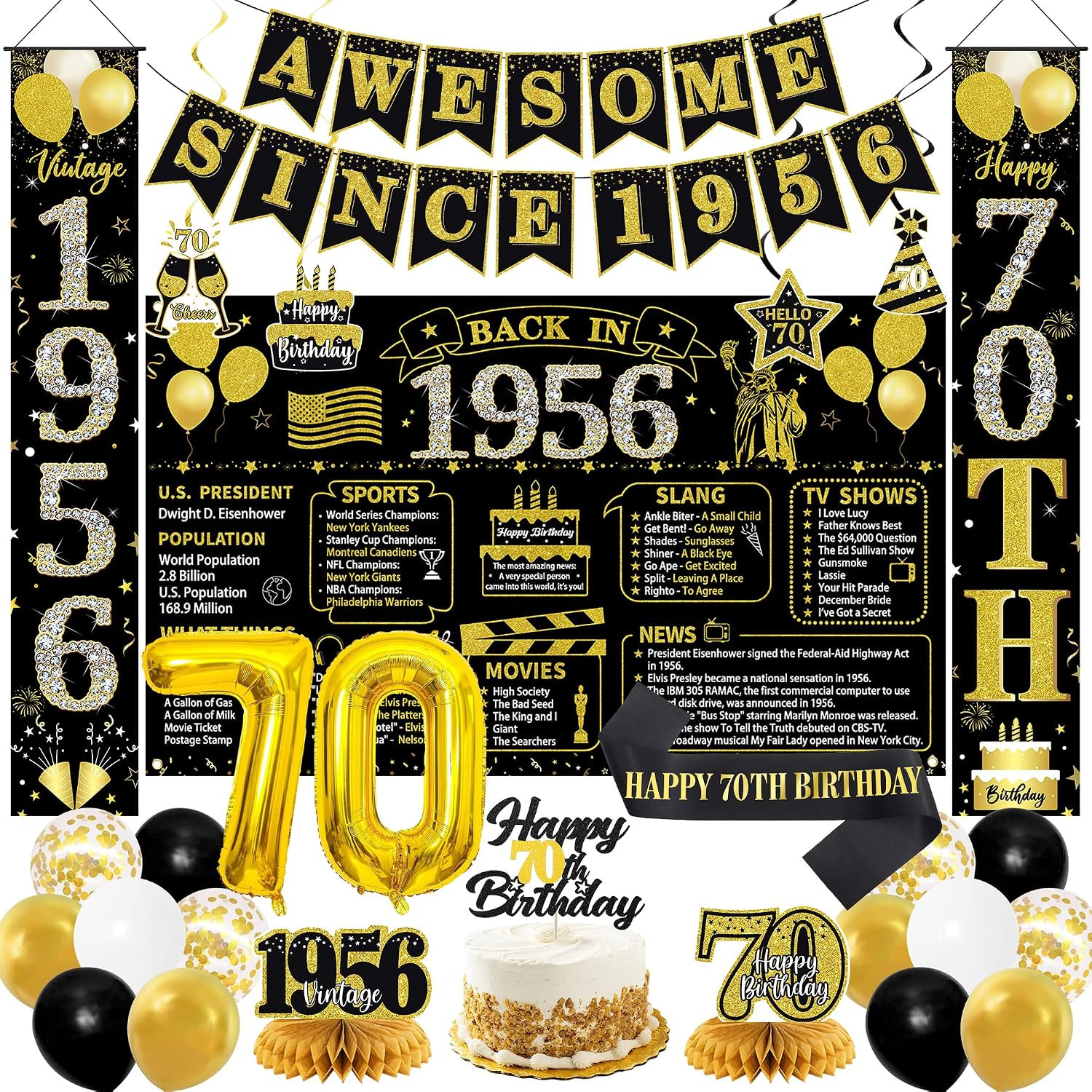70Th Birthday Decorations Men Women, Black Gold Back in 1956 Poster