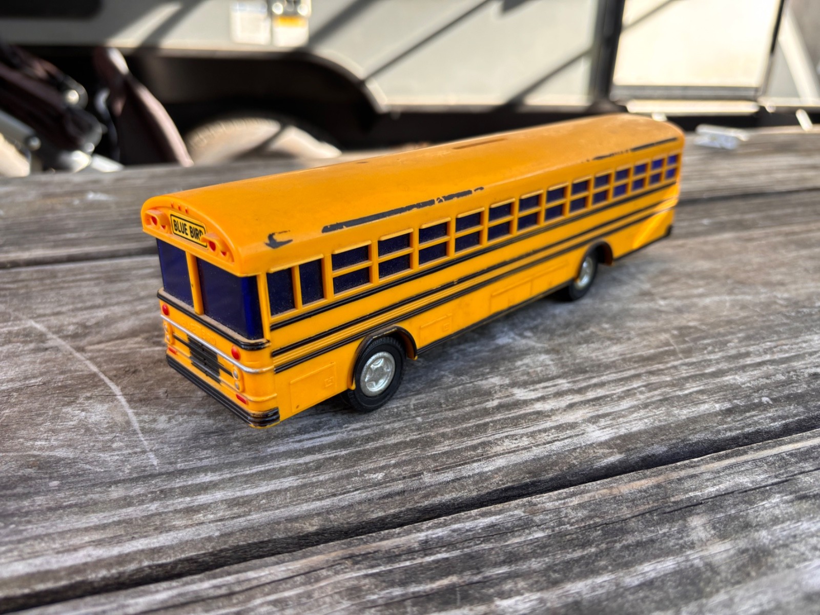 Vtg Yellow Blue Bird School Bus Jimson No. 330 Coin Bank Plastic 10” With Plug