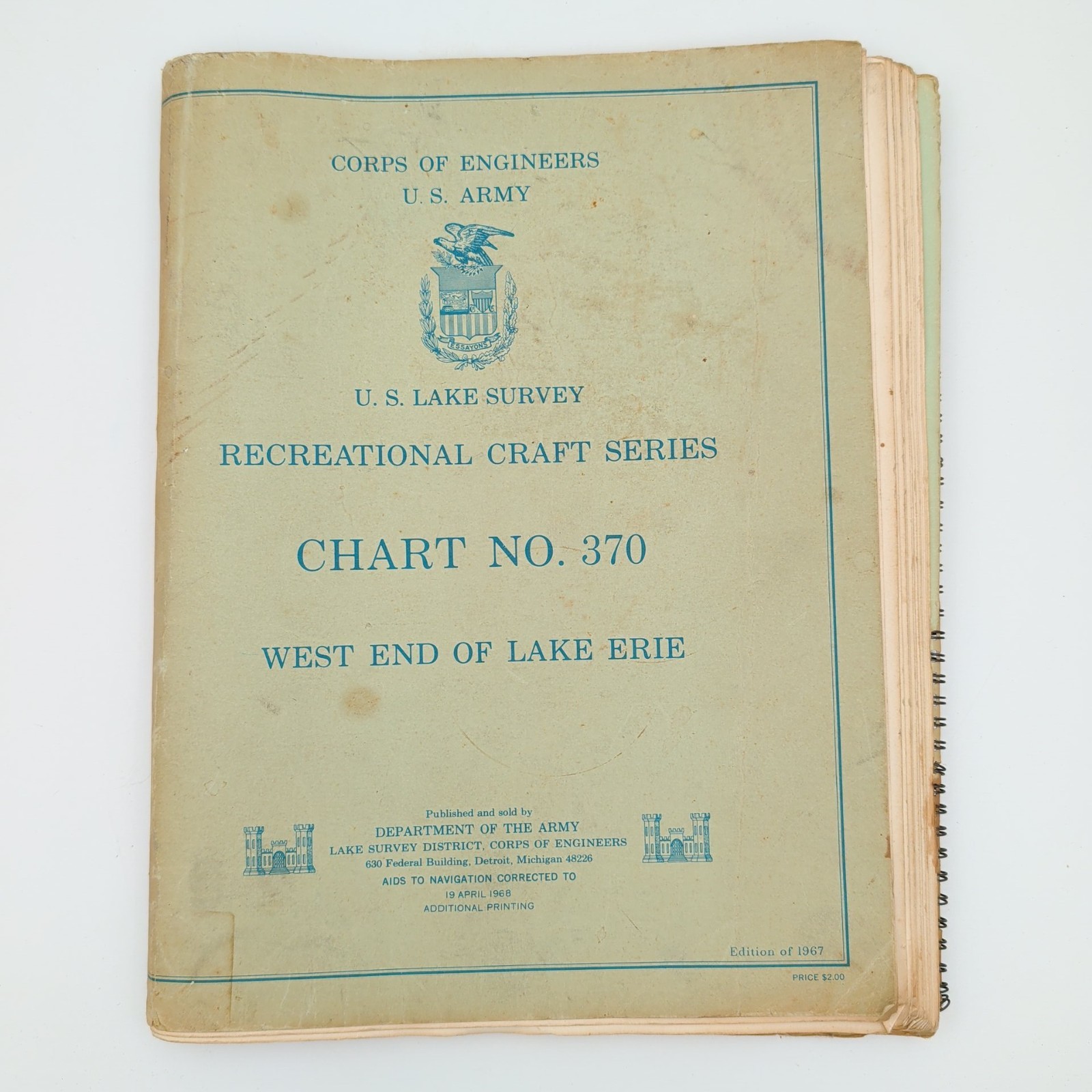 Vintage NOAA Chart No. 370 West End of Lake Erie 1968 Edition U.S. Army Maps