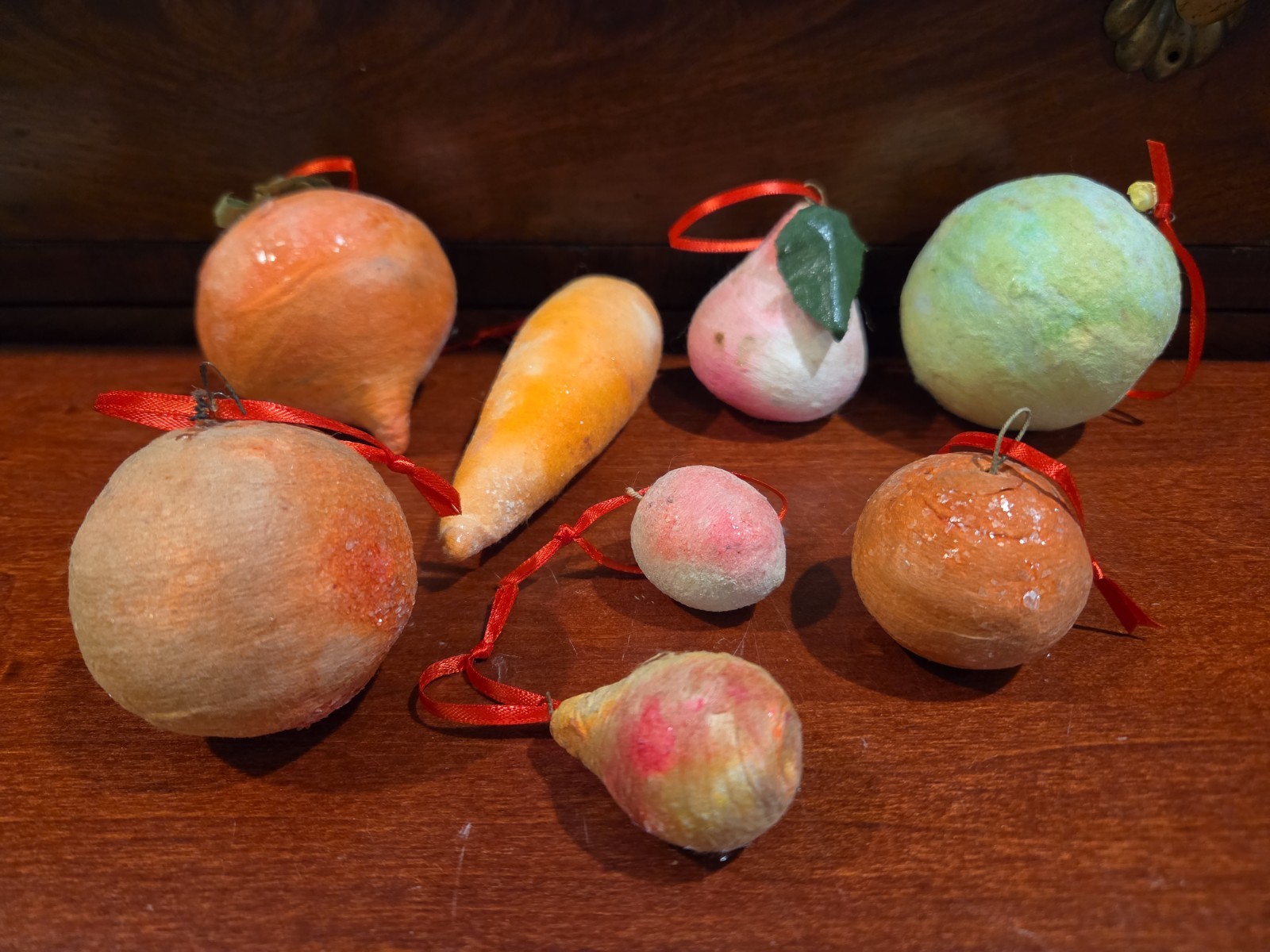 Vtg German Spun Cotton Christmas Ornaments Fruit Vegetable Lot Carrot Pear Apple