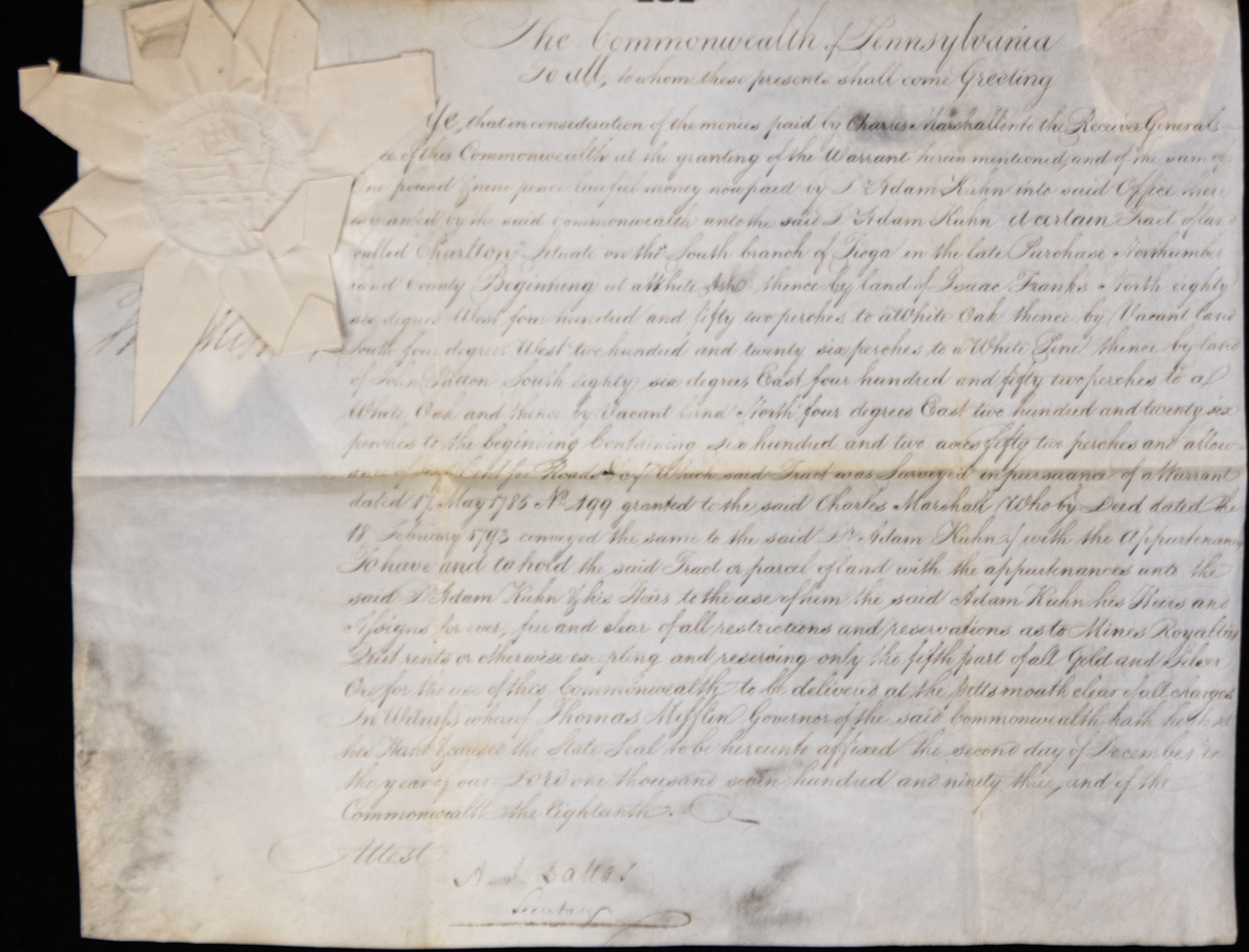 THOMAS MIFFLIN - DOCUMENT DOUBLE SIGNED 12/02/1793 WITH CO-SIGNERS