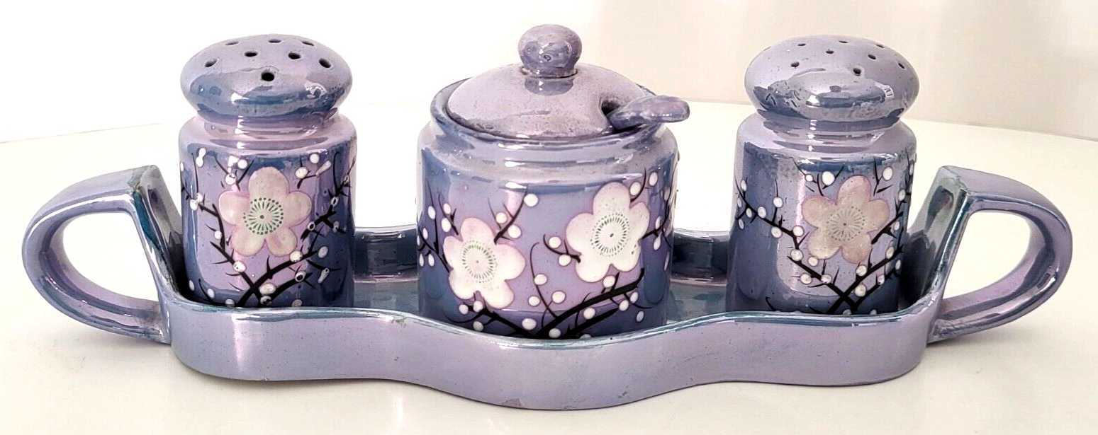 Vintage Lusterware Blue Floral Salt Pepper Shaker & Mustard Jar Condiment Set