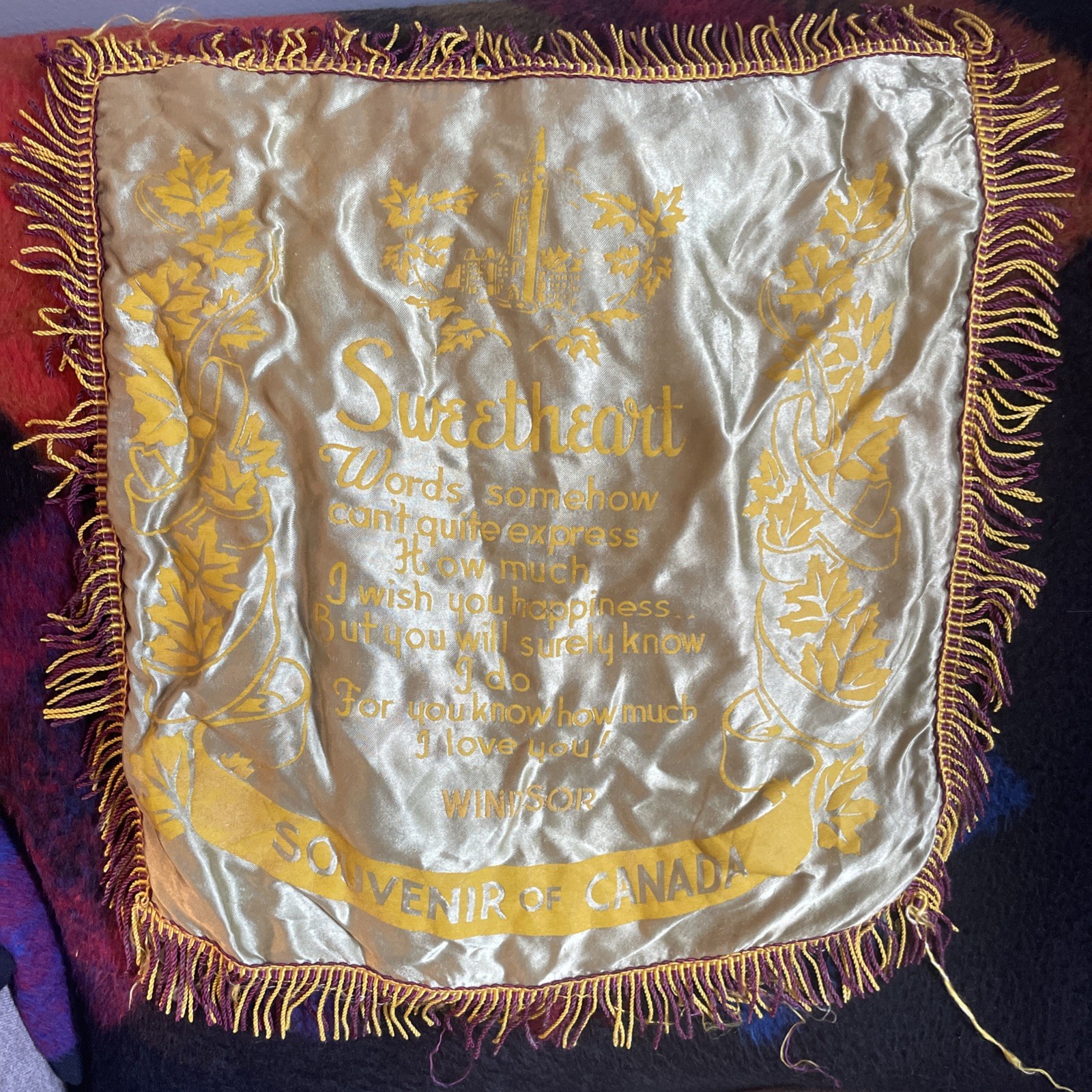 Vintage Windsor Canada Souvenir Satin Pillow Case Cover Sweetheart