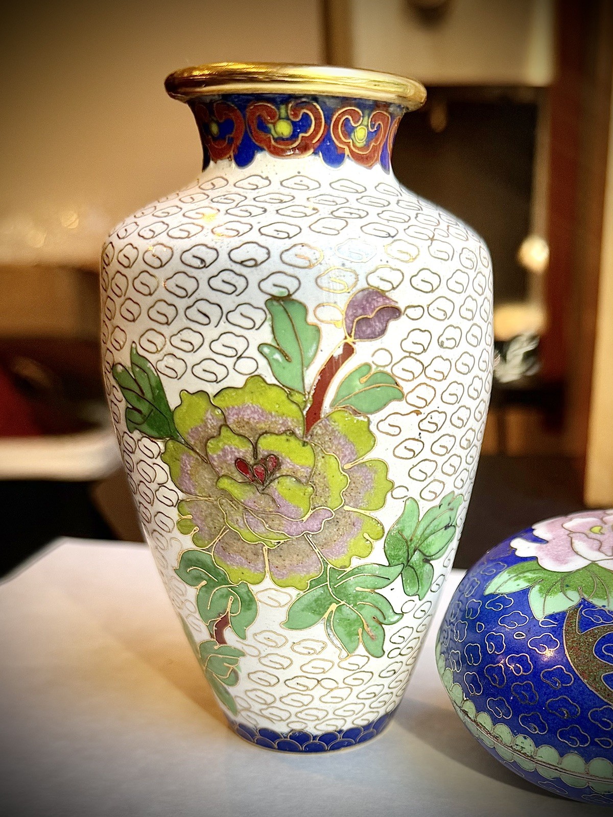 Vintage Chinese Cloisonne Vase White Peony Butterfly Gold Gilt Ruyi Cloud Enamel