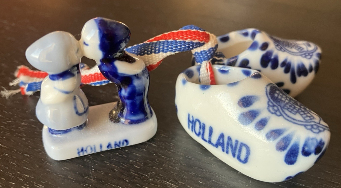 Porcelain Miniature Dutch Clogs Shoes Holland Blue Delft Windmills and Figure