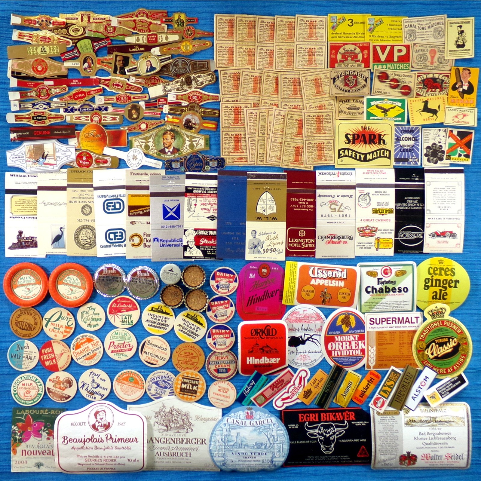 Junk Drawer Lot Vintage Worldwide Mixed Tobacco Alcohol Dairy Labels Caps Covers
