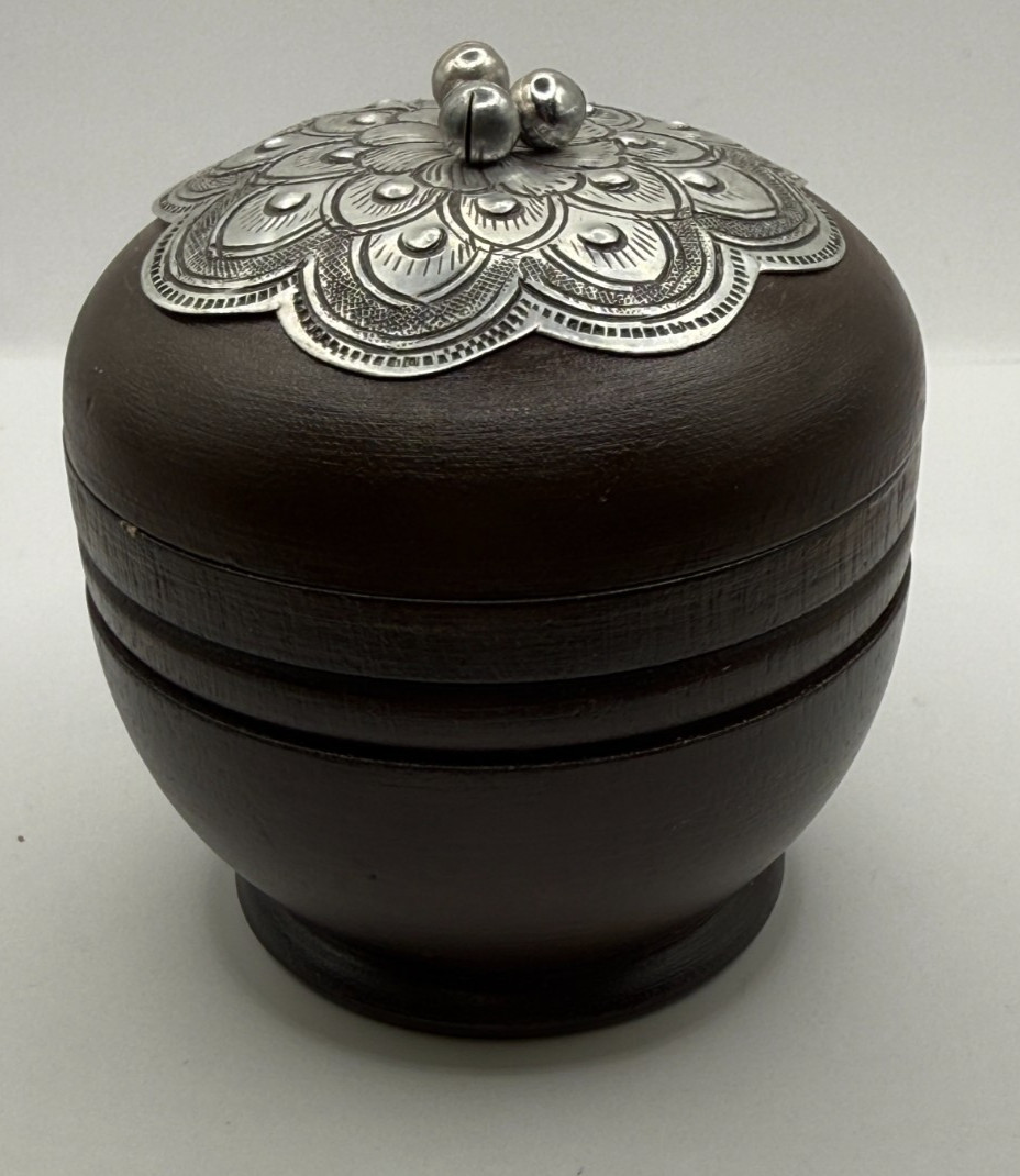 Vintage Hand Carved Wood Lidded Trinket Box Silver Floral Top Round Jewelry Box