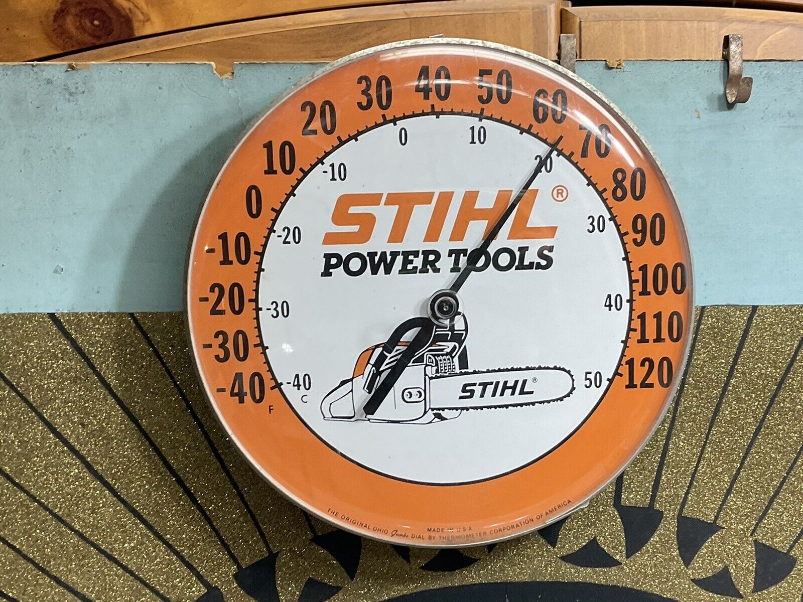 Vintage Stihl Power Tools Chainsaw Advertising Thermometer Ohio Jumbo Dial Sign