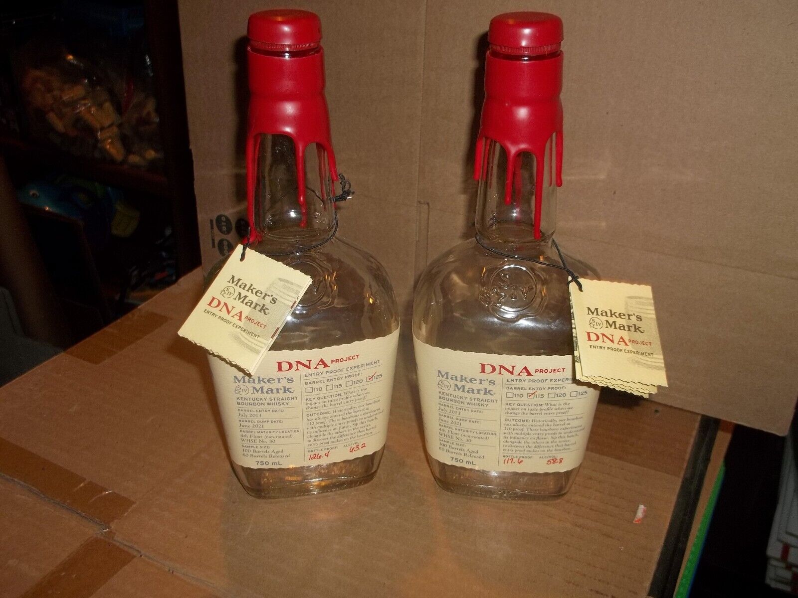 Maker\'s Mark Bourbon Whiskey Set of 2 Empty Bottles, DNA Project, 125 proof, tag