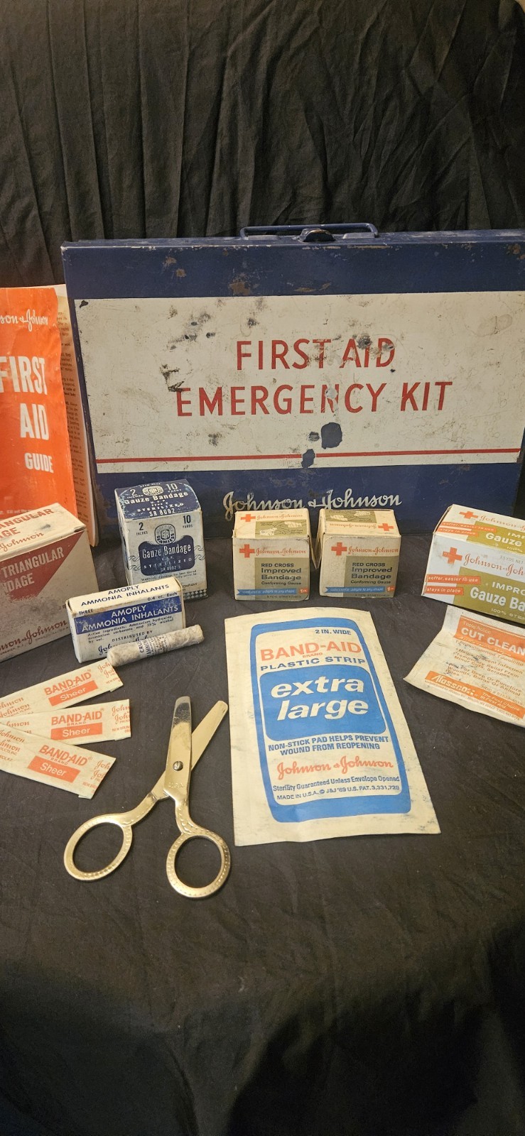 Vintage 1960s Johnson & Johnson First Aid Kit Blue Metal Box Filled Collectible