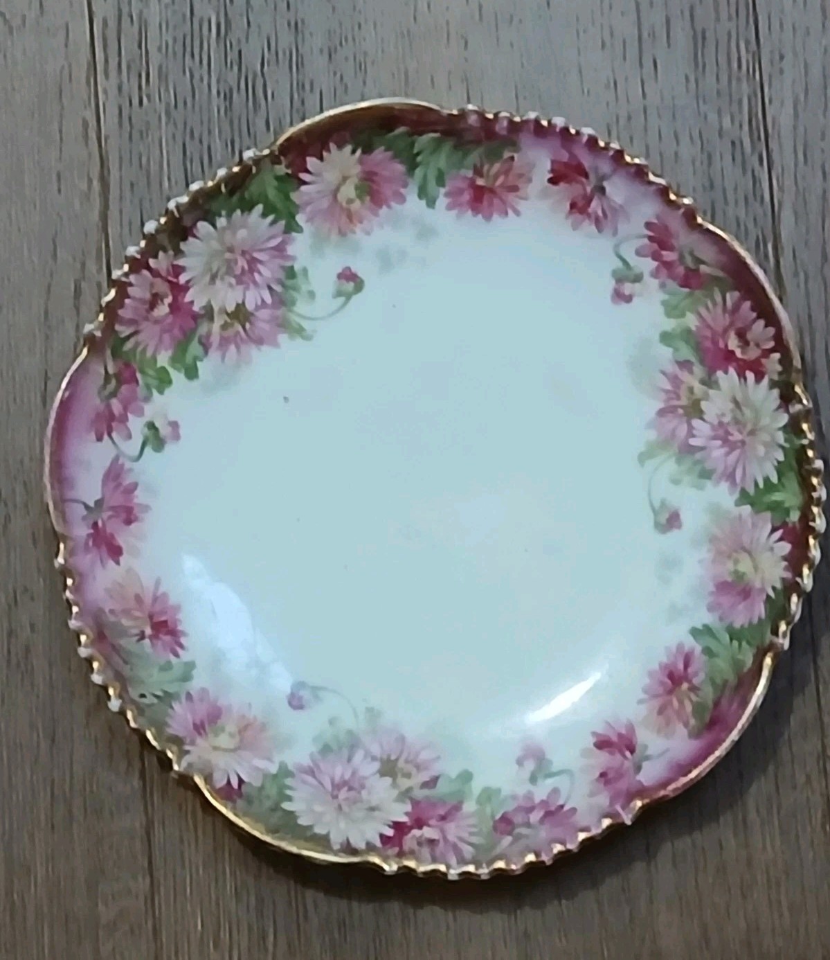 Antique Wurttemberg Porcelain Plate Pink Chrysanthemum Flowers Scallop Gold Edge