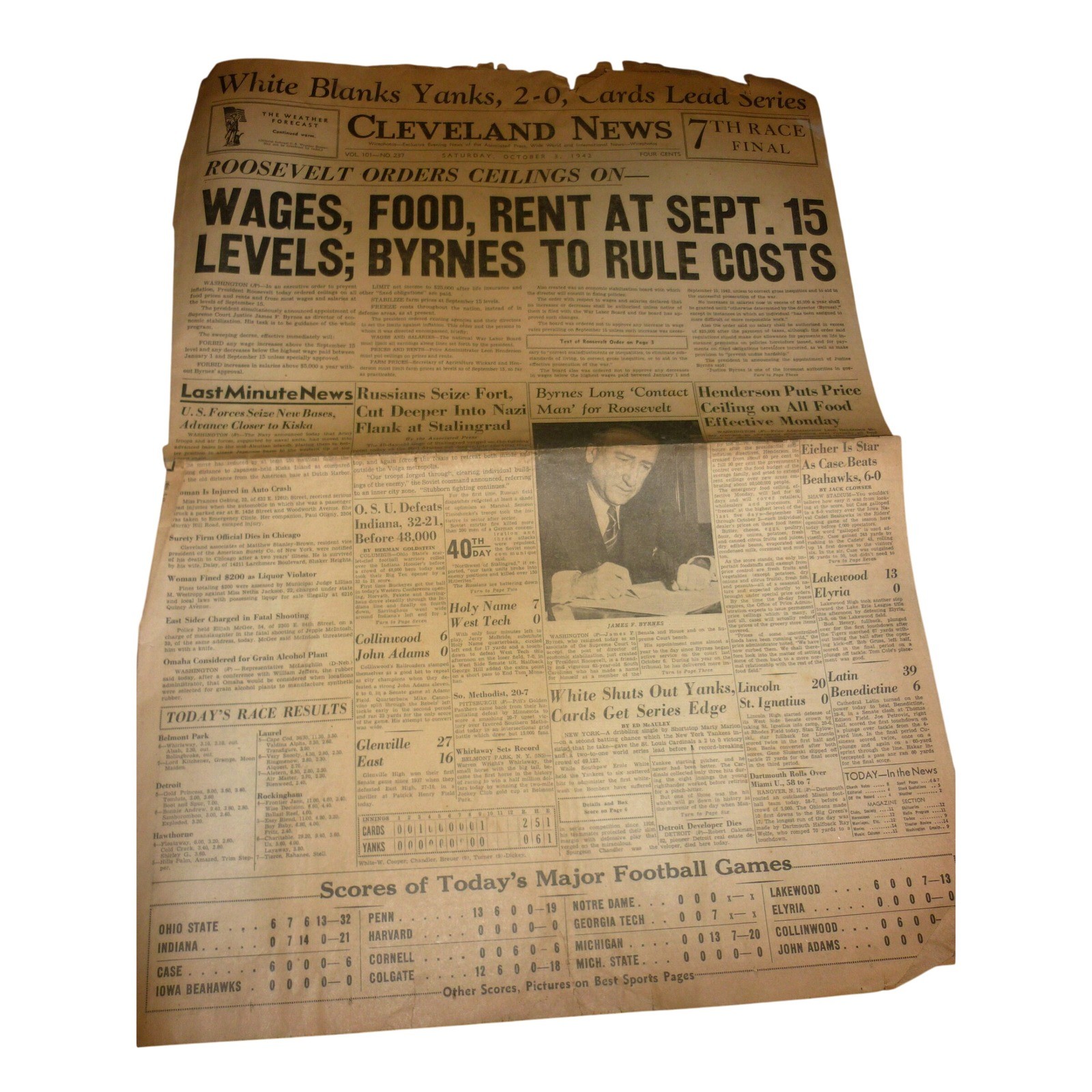 Oct 3 1942 Cleveland News WWII Newspaper 1942 World Series Cardinals Yankees