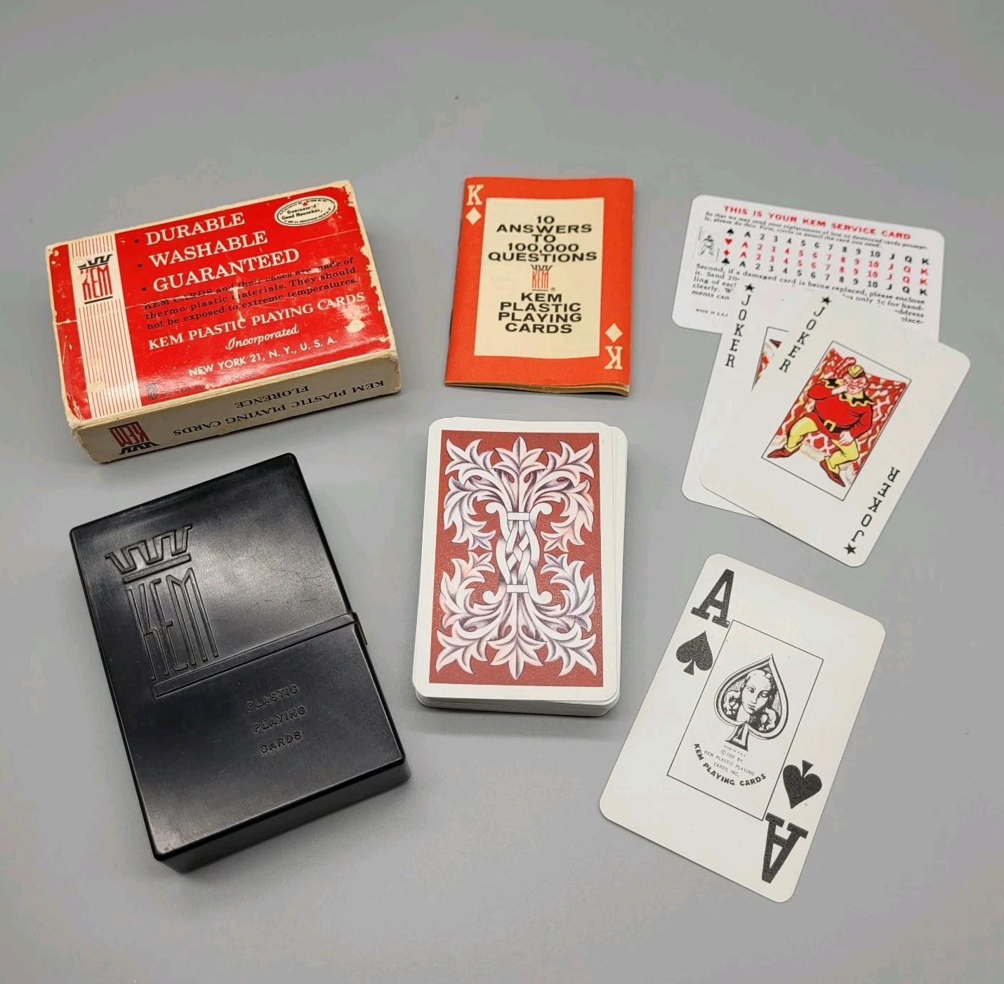 Vtg KEM Plastic Playing Cards Florence Large Print 52 Cards + 2 Jokers w/Case