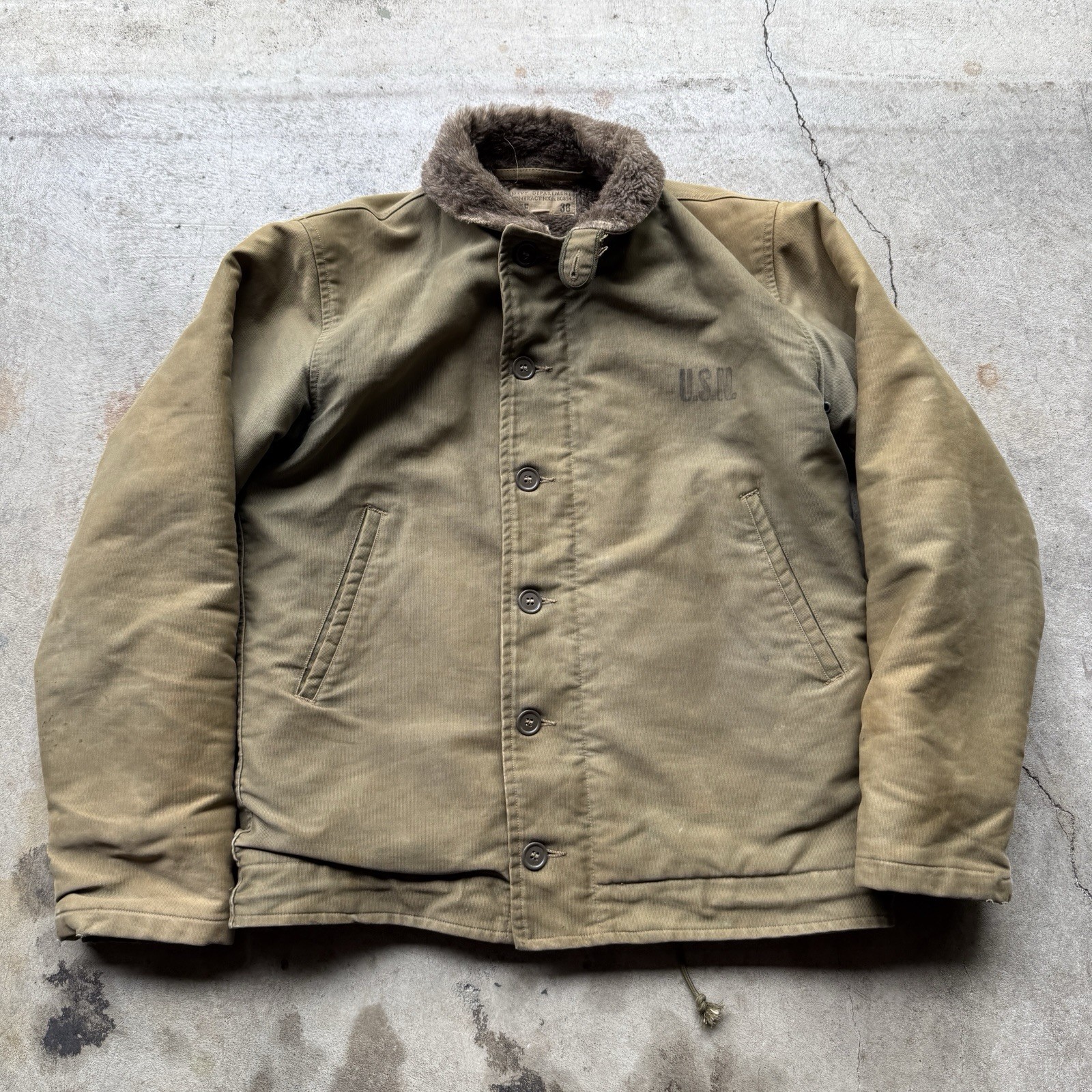 Vintage 40s USN Navy A1 Deck Military Jacket Stencil Alpaca Size 38 No zip