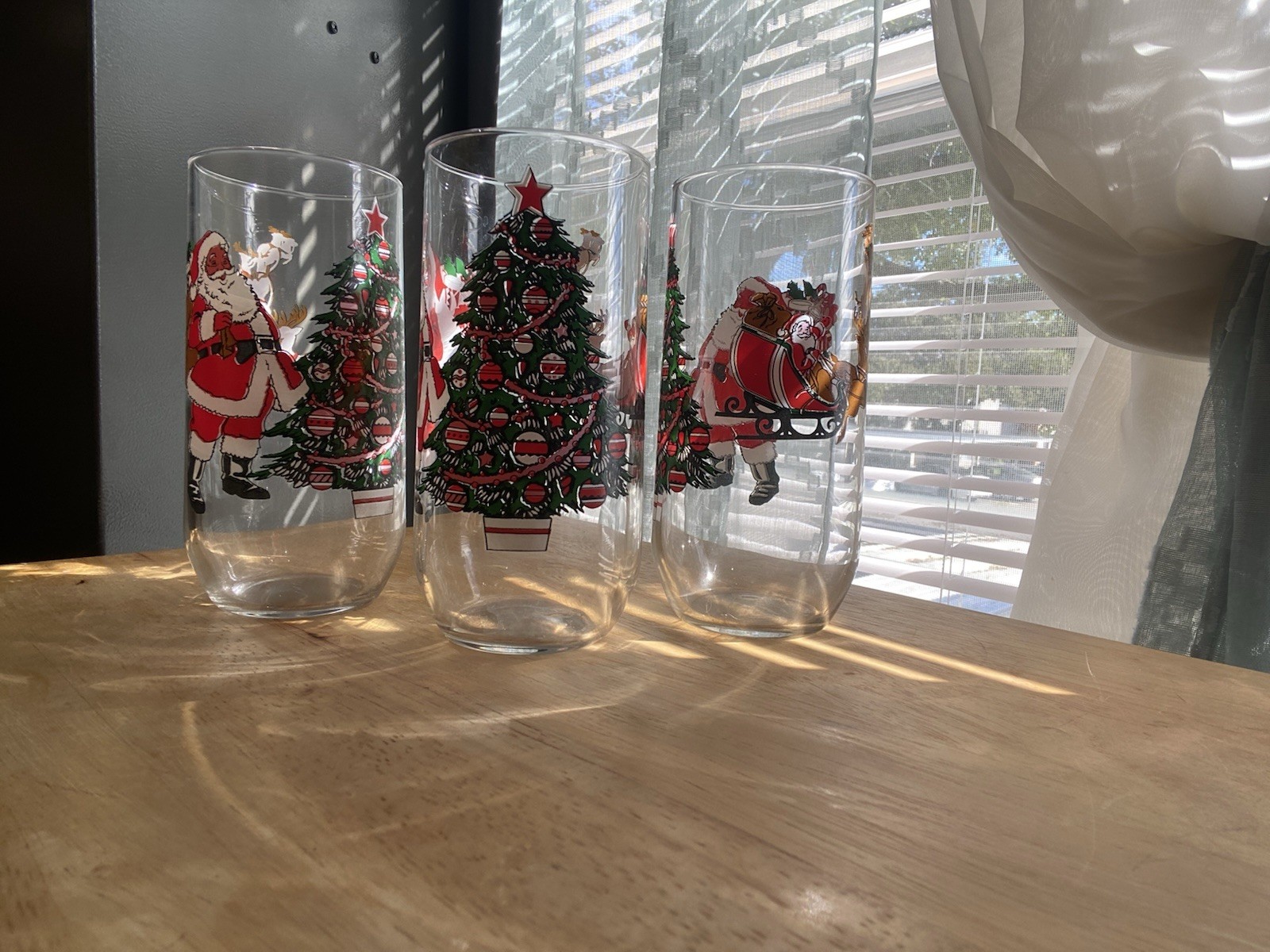 Vintage 1992 Luminarc Christmas Glasses Set of 3 Santa Sleigh Reindeer Tree 16oz