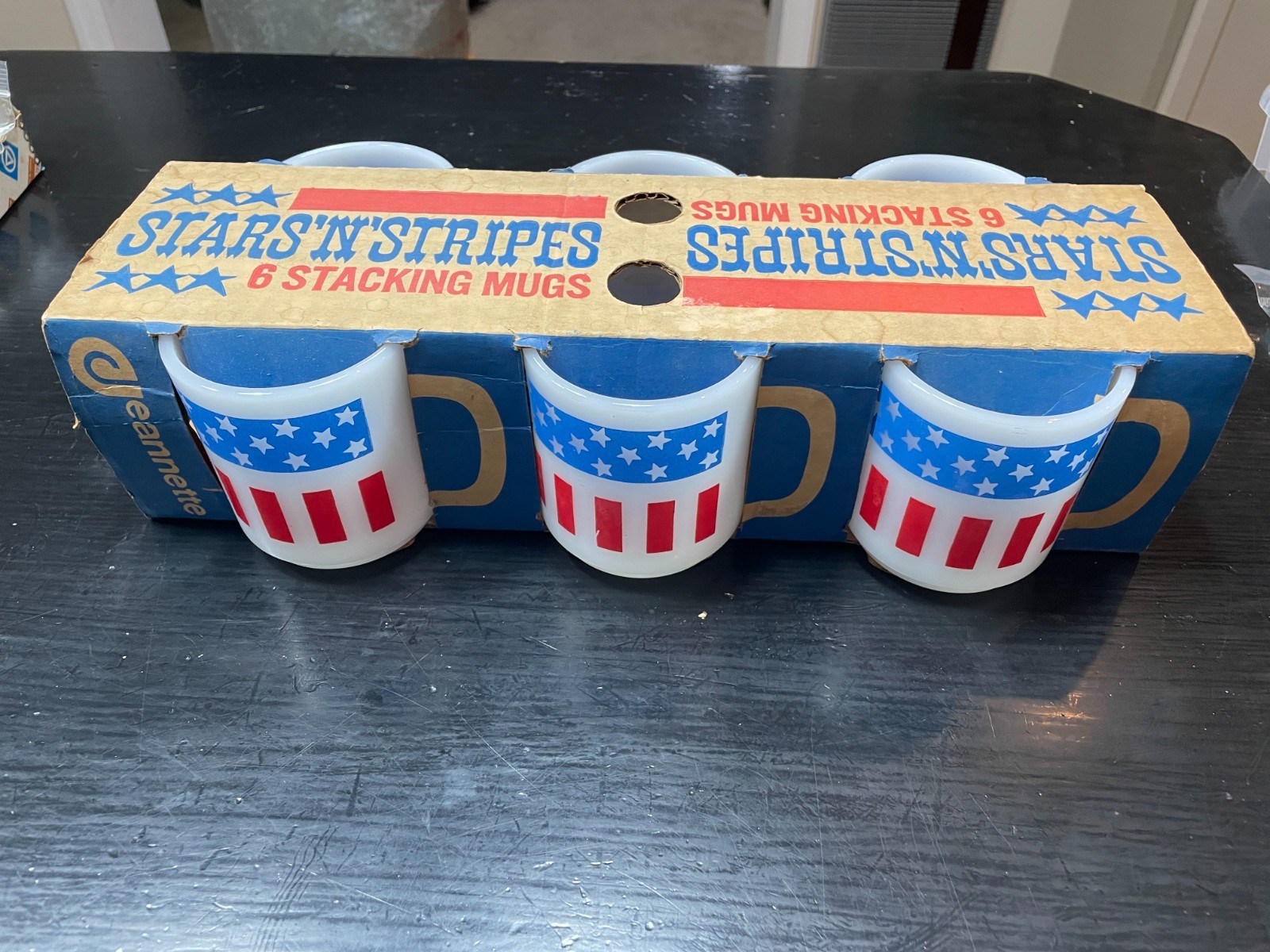 Vintage Glasbake Milk Glass Stars & Stripes Red White Blue Mugs  American Flag