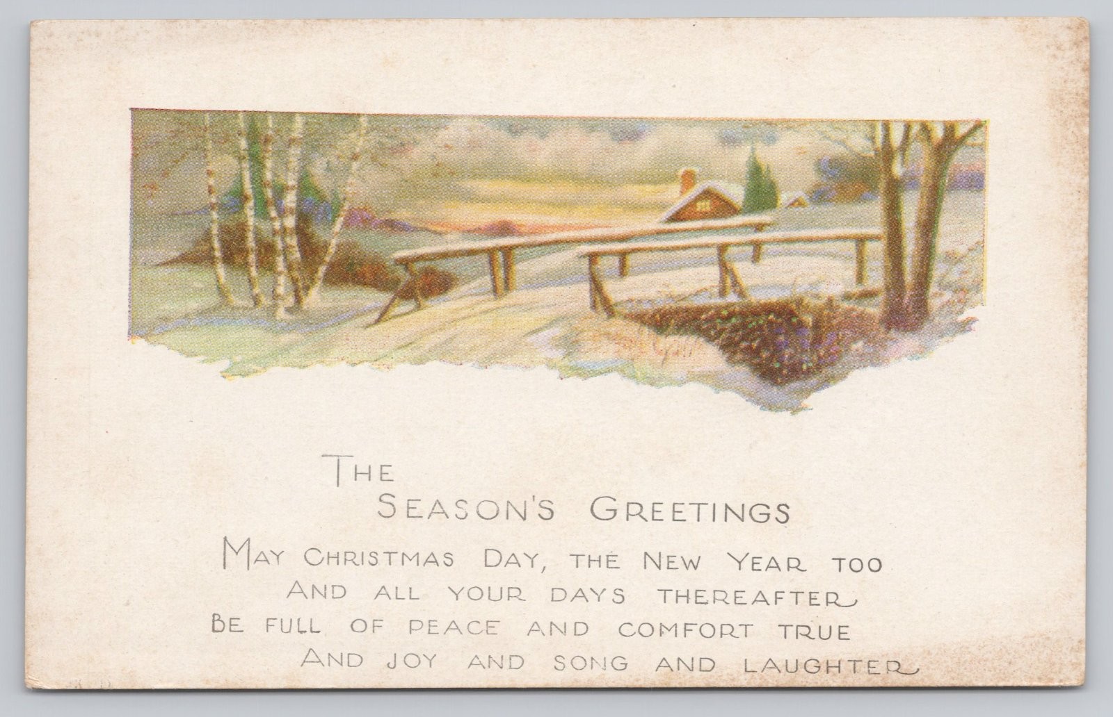 The Season\'s Greetings Winter Snow Cabin Christmas New Year Postcard 1920s
