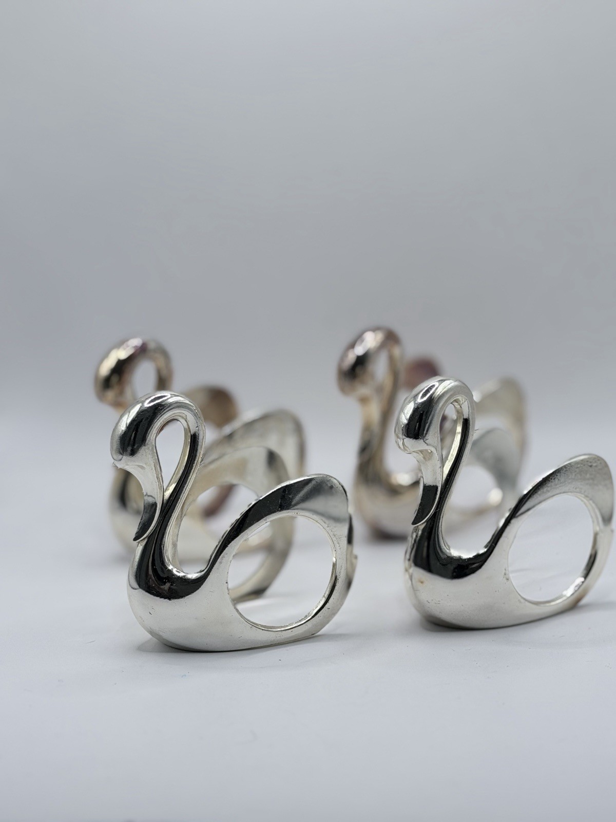 Vintage Japan Silver Tone Swan Napkin Rings Set of 4 Tarnish Resistant AS IS