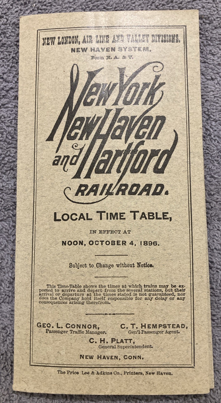 1896 NY NH H Railroad Local Time Table New London Air Line Valley Divisions