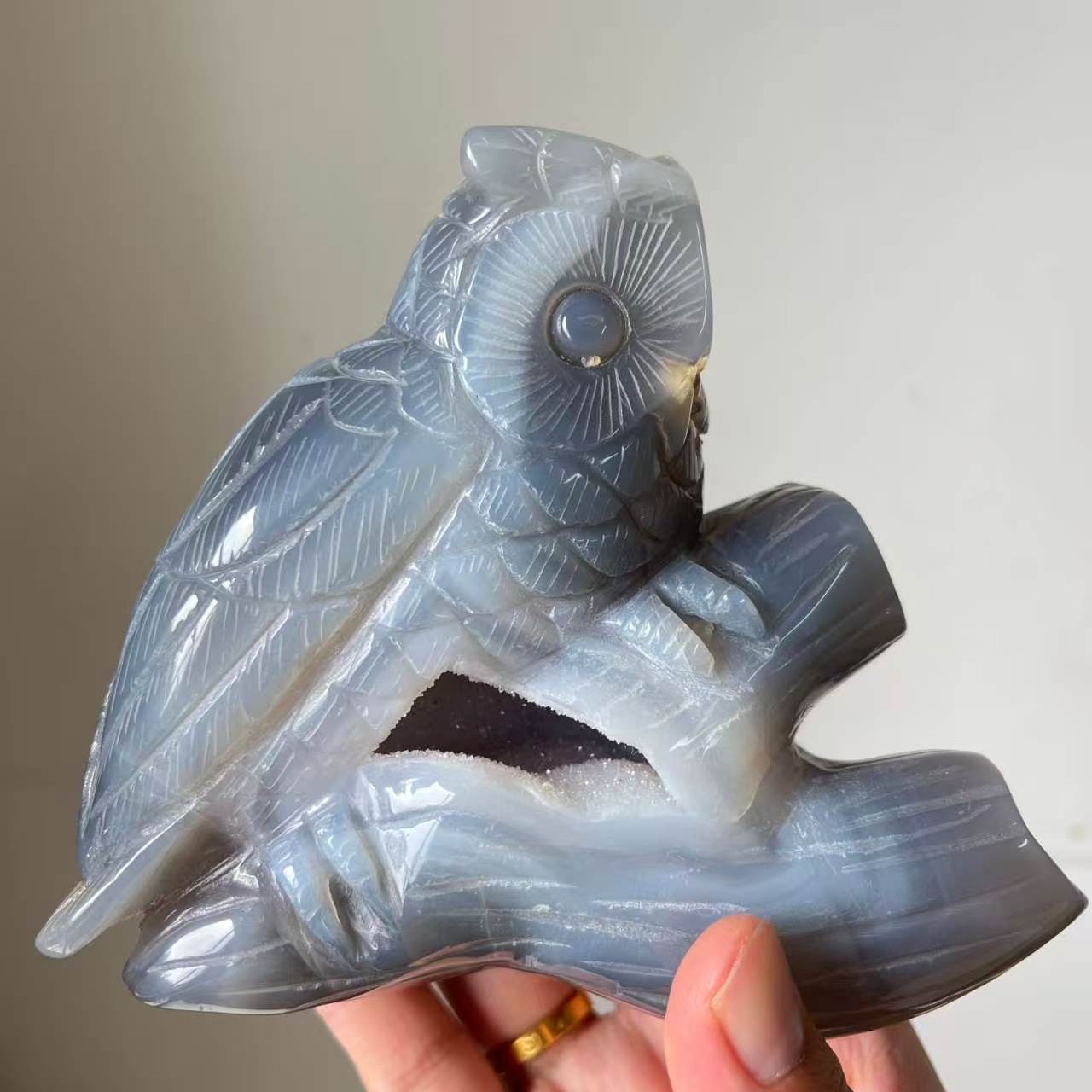 2.2LB A+Hand Carved Agate Geode Cute Owl Statue Crystal Healing Home Decor
