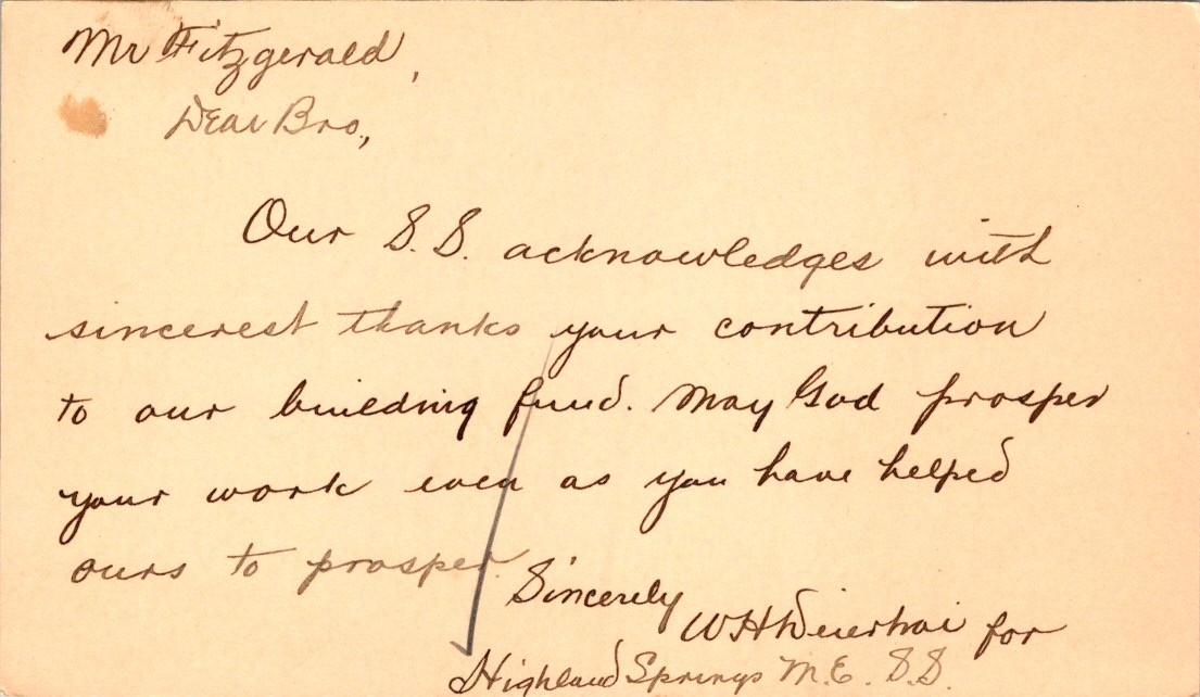 1916 Highland Springs ME Sunday School Note Postcard Danville VA Jefferson