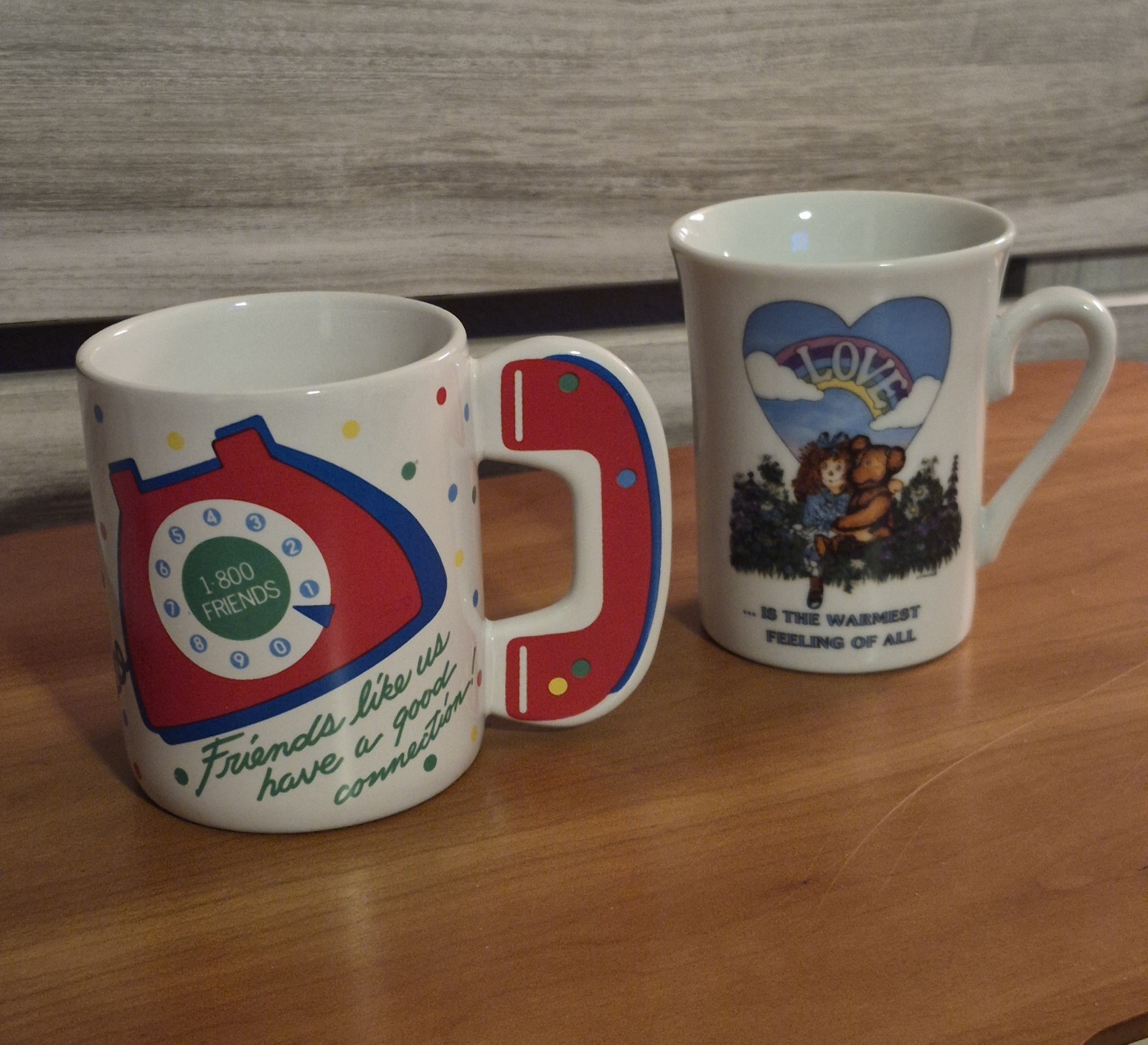 Two Vintage Mugs 80s Avon 1 800 Friends Phone Love Bear Hug Heart Coffee Cups